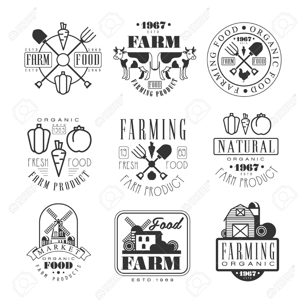 organic farm products black and white sign design templates with text and tools silhouettes stock vector