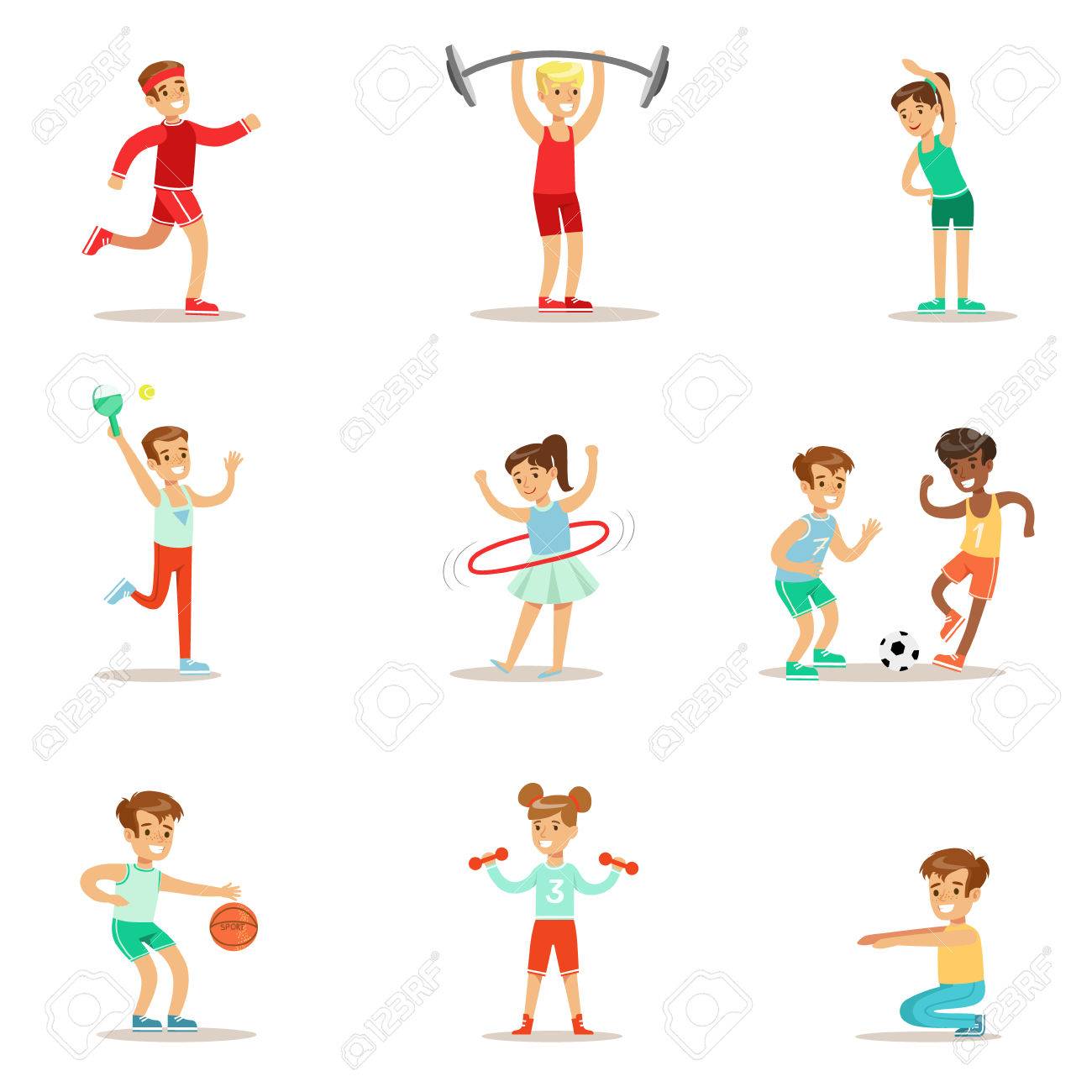 種類のスポーツや体育での物理的な活動を練習の子供クラスのジムと屋外 子どものサッカー 卓球 バスケット ボールを遊びと運動演習を行います のイラスト素材 ベクタ Image
