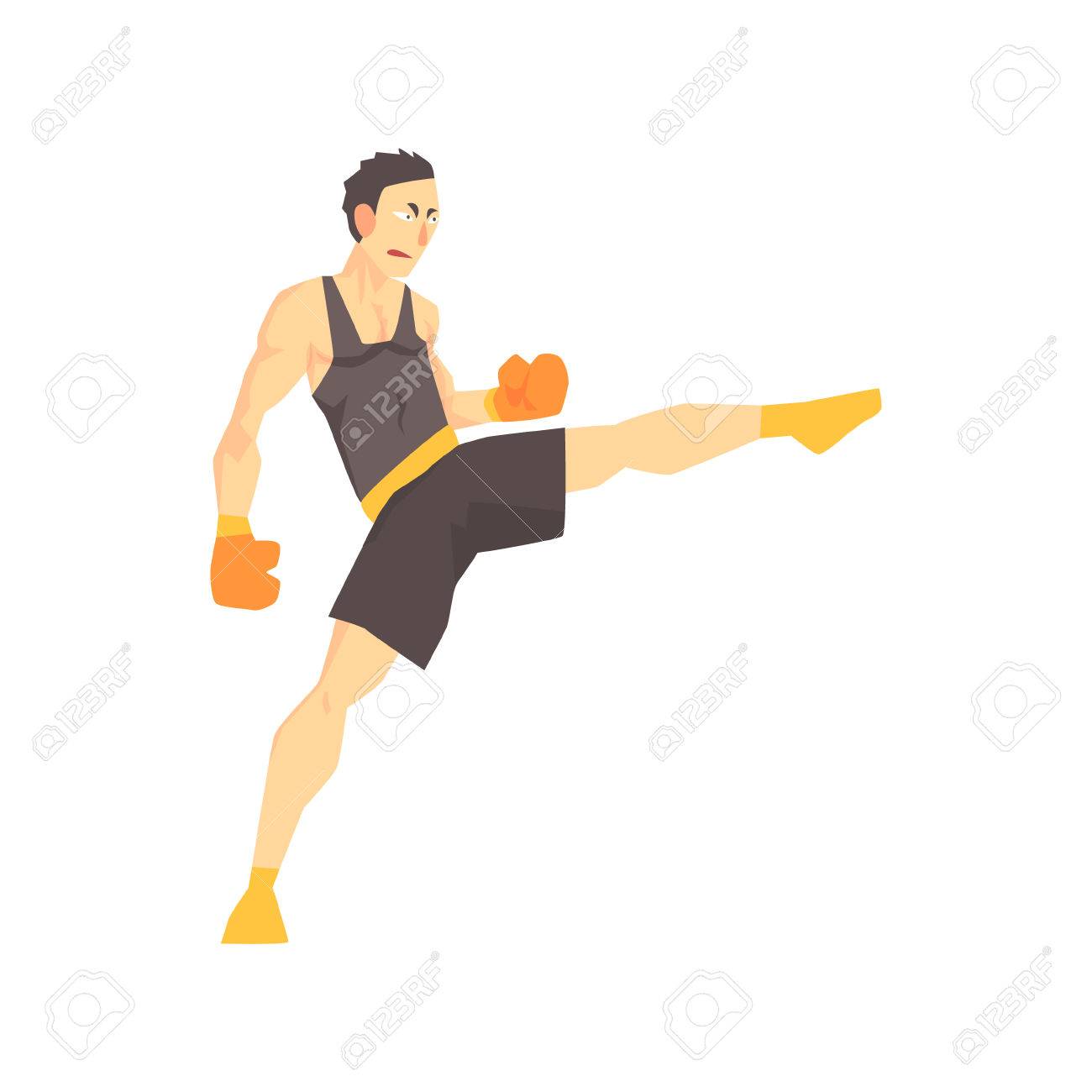 ボクシング グローブと黒制服キック ボクシング総合格闘技の戦闘機 伝統的な戦闘ウェアでスポーツのプロの戦いの男のイラスト素材 ベクタ Image