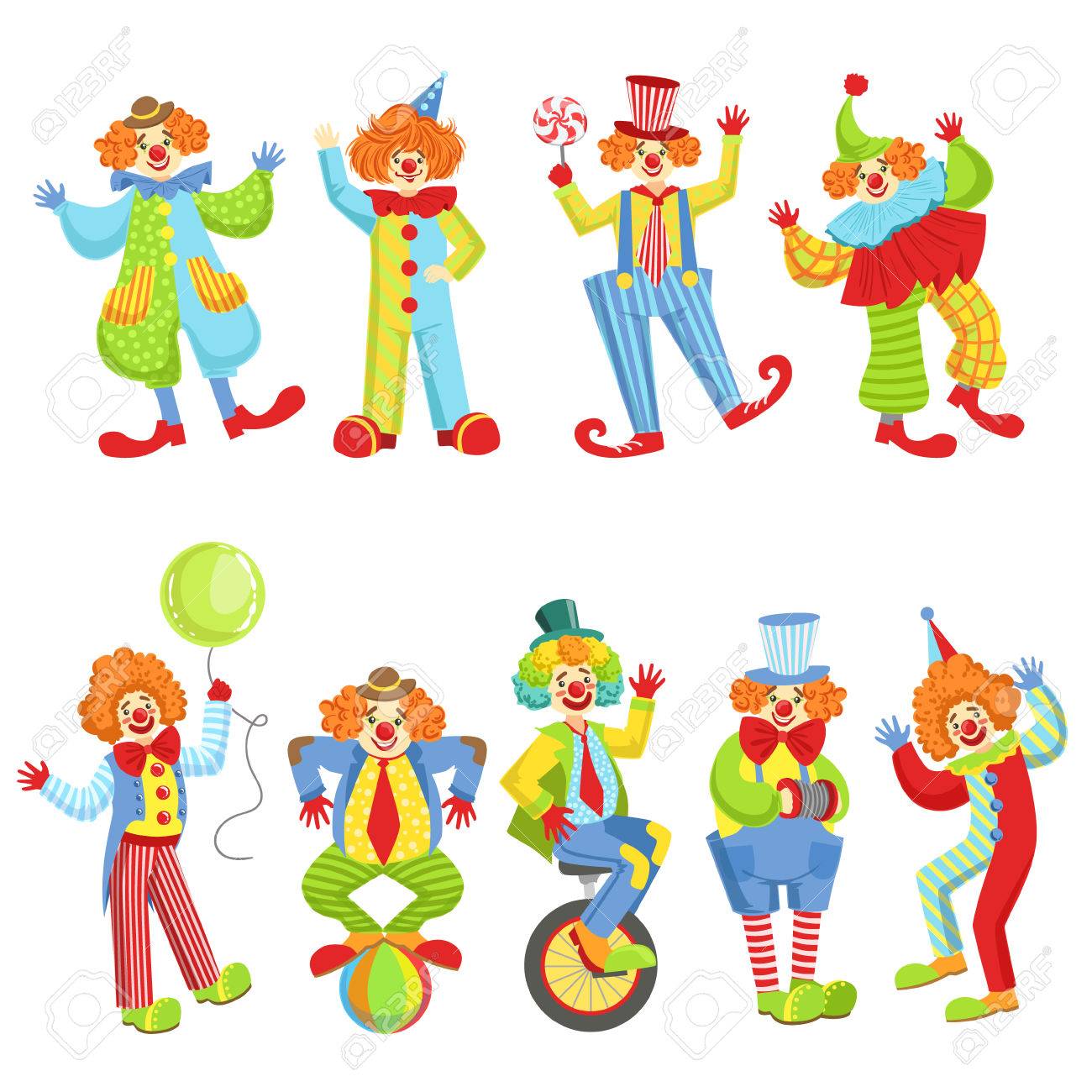 古典的な衣装でカラフルなフレンドリーなピエロを設定します。の