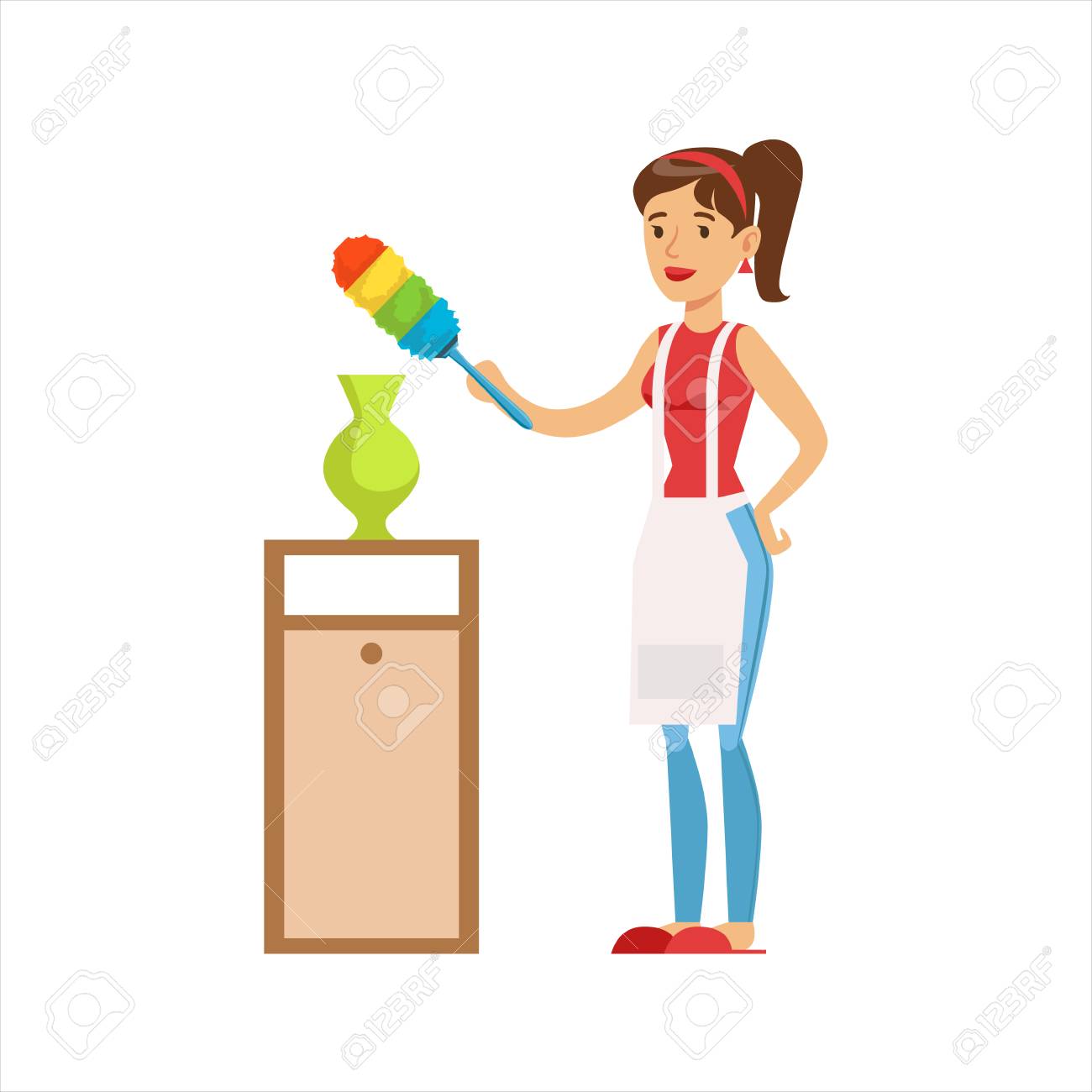 Mujer Ama De Casa Limpiando El Polvo Del Florero Con Pincel Servicio Doméstico Clásico De La Ilustración De La Esposa Que Se Queda En Casa Ilustraciones Vectoriales Clip Art Vectorizado Libre De