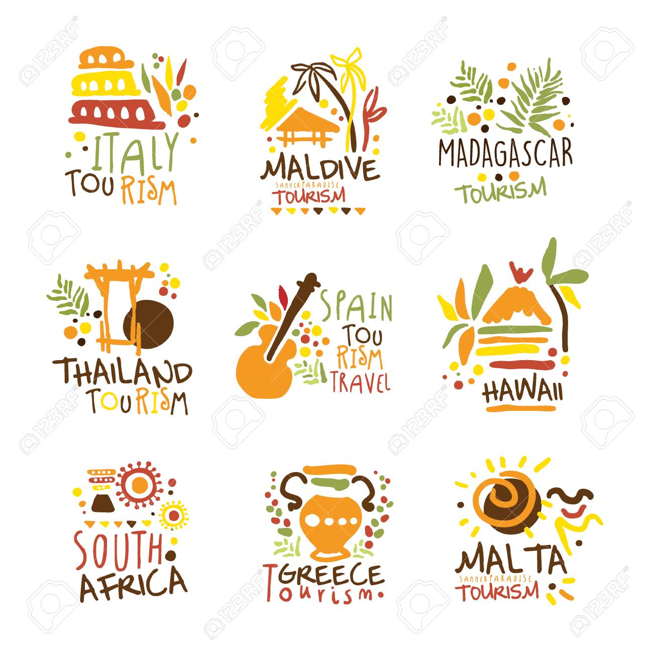 touristic travel agency set of colorful promo sign design templates