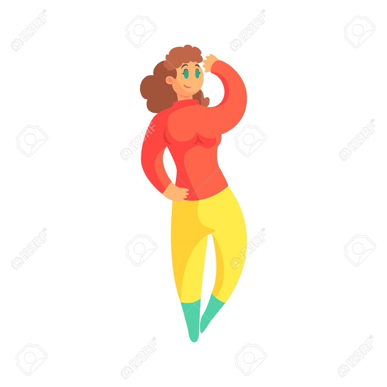 happy plus size woman in red sweater and yellow pants enjoying plus size characters