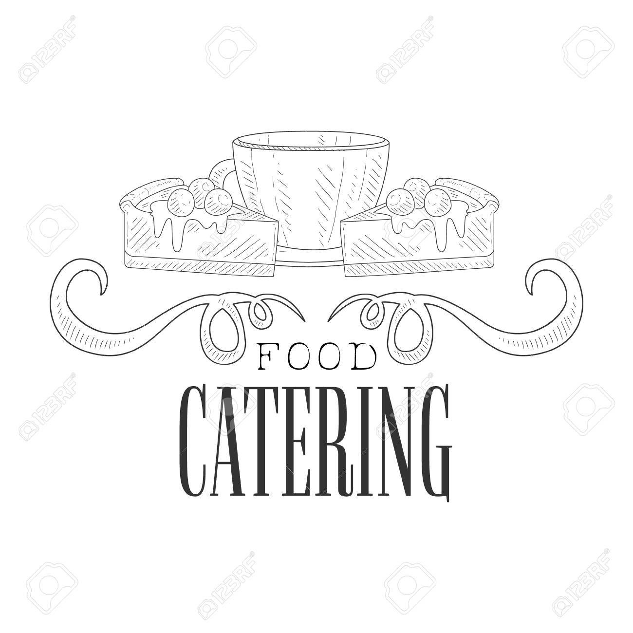 Servizio Di Catering Migliorato Disegnato A Mano In Bianco E Nero Con La Tazza Di Caffè E Il Modello Di Disegno Della Torta Con Il Testo Calligrafico