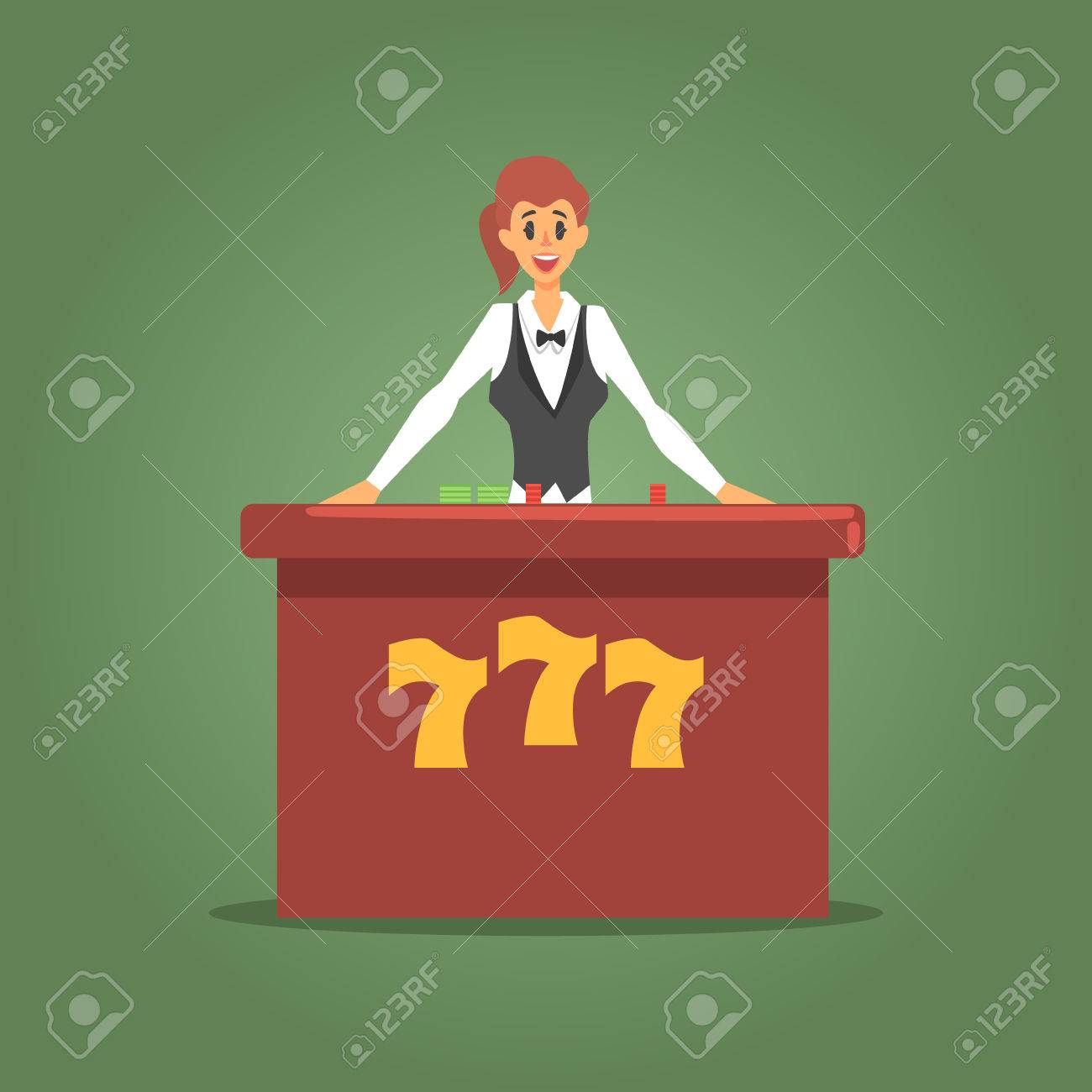 ポーカーでお客様を待っている女性のディーラー表 ギャンブルやカジノの夜クラブ関連漫画イラスト の写真素材 画像素材 Image