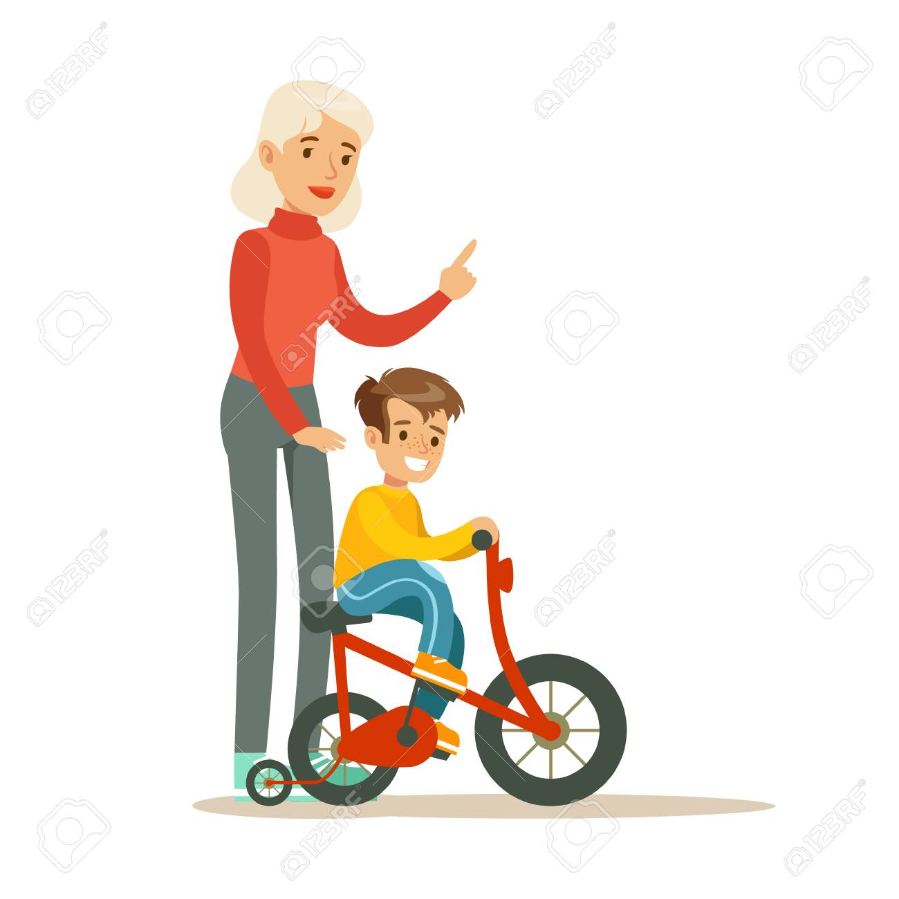 grandmother teaching boy to ride bicycle part of grandparents