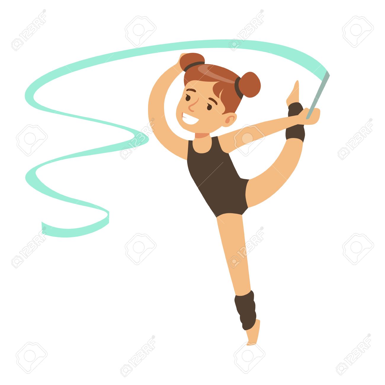 小さな女の子のリボン装置クラスの体操運動を行う未来のスポーツ専門 小さな幸せな子供 かわいいステージ パフォーマンス ベクトル イラスト のイラスト素材 ベクタ Image