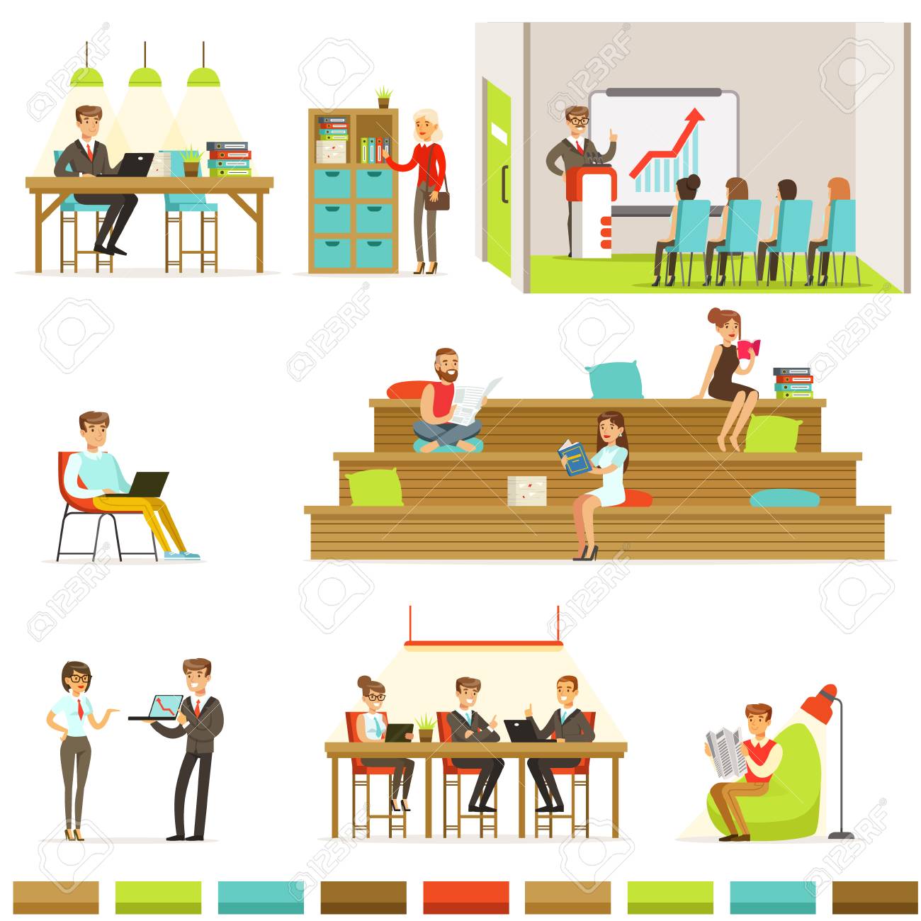 Coworking Workplace Freelancers Sharing Space And Ideas In Office Where They Work Together Set Of Illustrations Royalty Free Cliparts Vectors And Stock Illustration Image