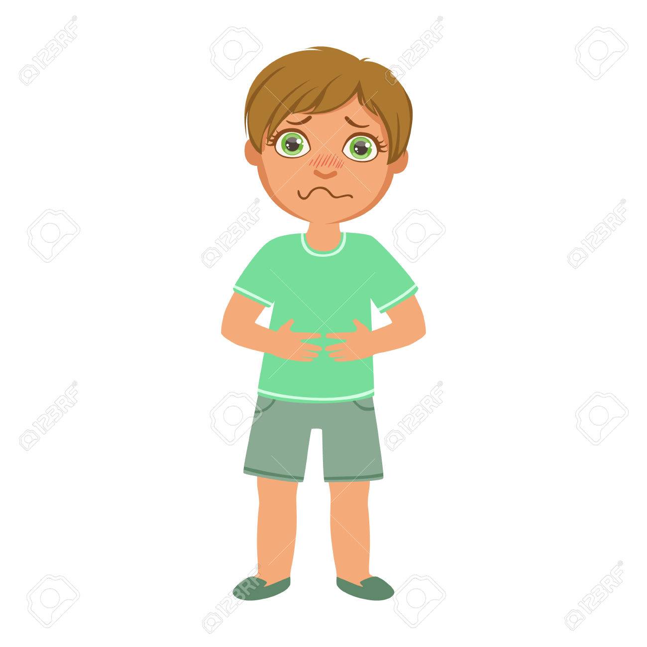 病気の子供の病気 子供の部分とイラストの健康問題シリーズのため気分が悪く胃のけいれんを持つ少年のイラスト素材 ベクタ Image