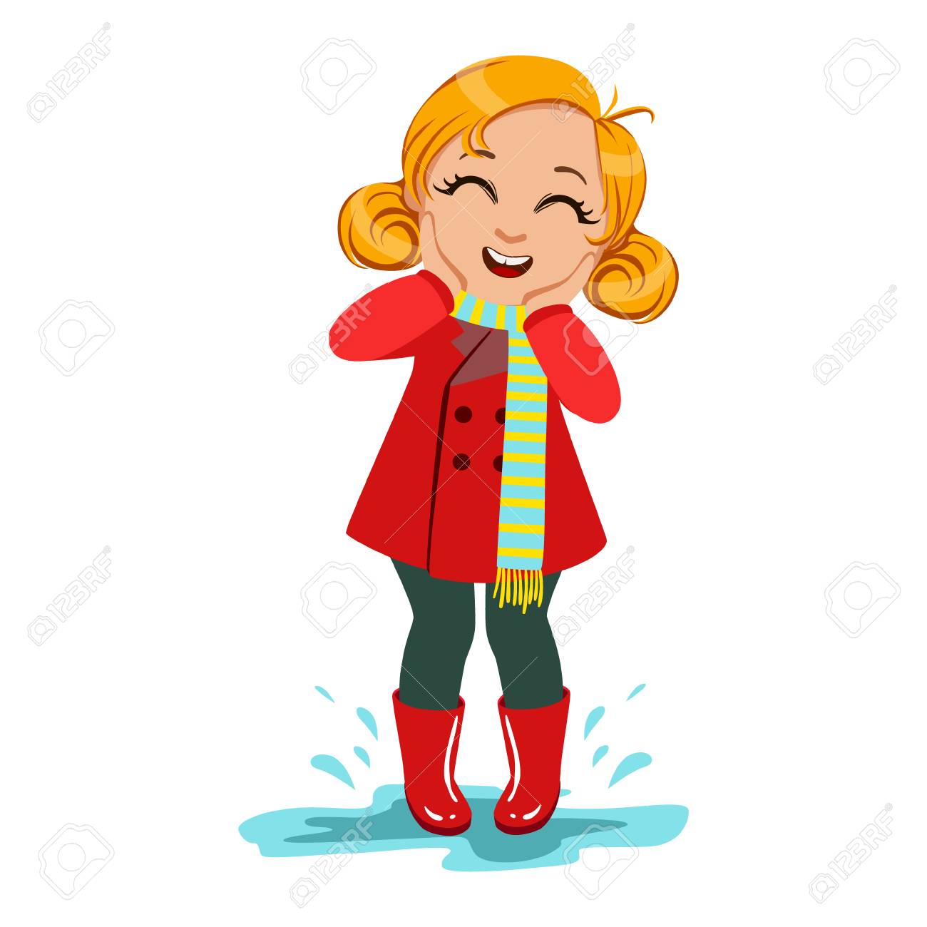 秋シーズン Enjoyingn 雨雨 水しぶきと水たまりで秋服子供の赤いコートとゴム長靴の女の子のイラスト素材 ベクタ Image 秋シーズン Enjoyingn 雨雨 水しぶきと水たまりで秋服子供の赤いコートとゴム長靴の女の子のイラスト素材 ベクタ Image