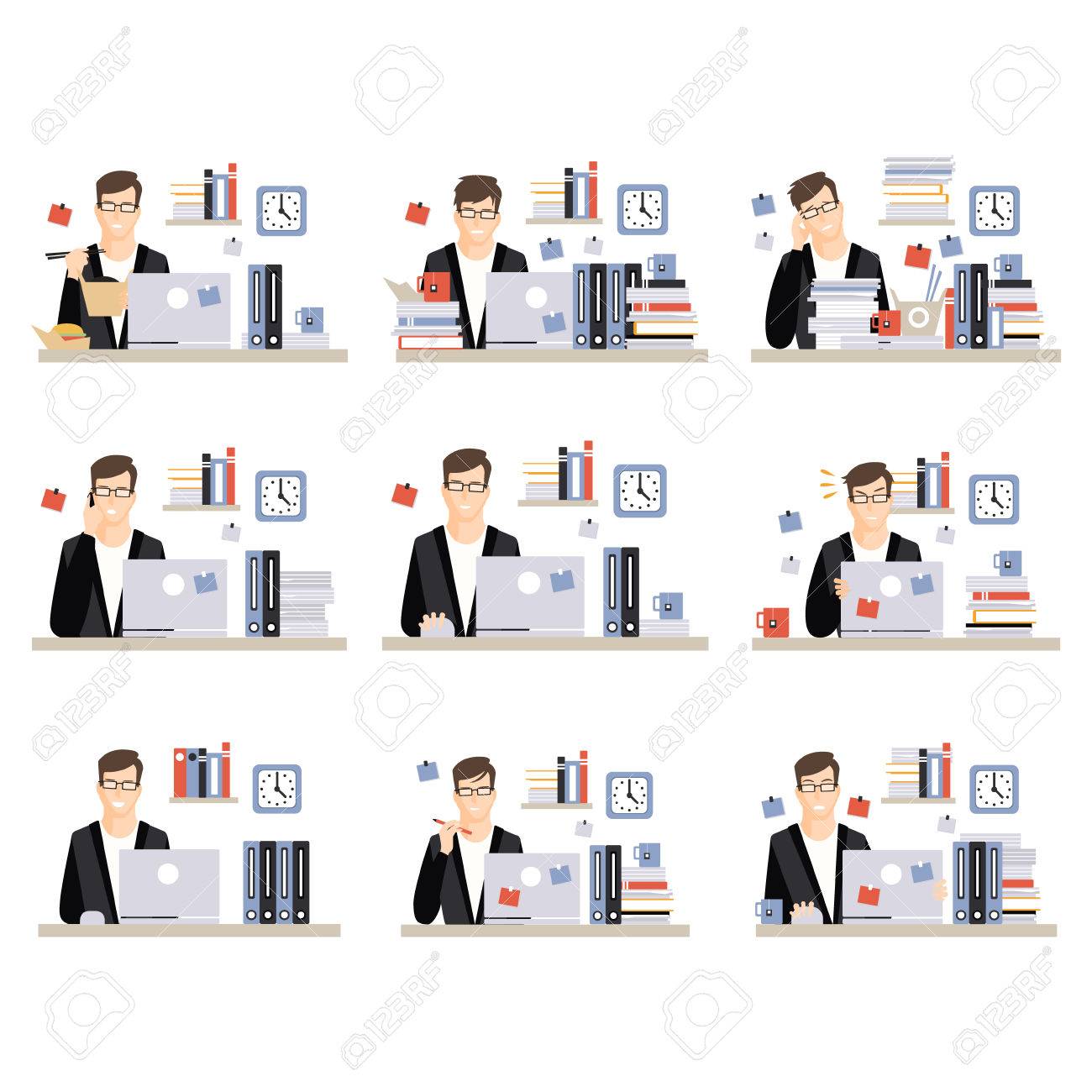 男性オフィス ワーカー毎日仕事シーン別の感情とセットを事務所で一日のイラストのイラスト素材 ベクタ Image 7419