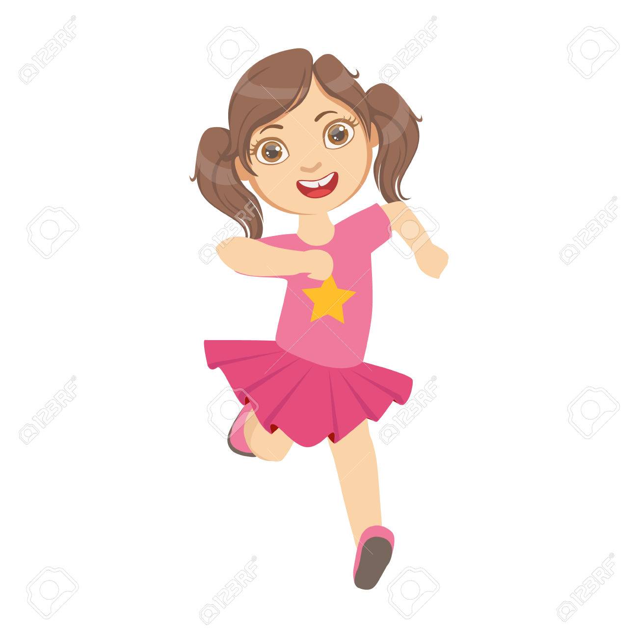 ピンクのドレスで動き 正面 多彩なキャラクターで子供を実行する少女のイラスト素材 ベクタ Image ピンクのドレスで動き 正面 多彩なキャラクターで子供を実行する少女のイラスト素材 ベクタ Image