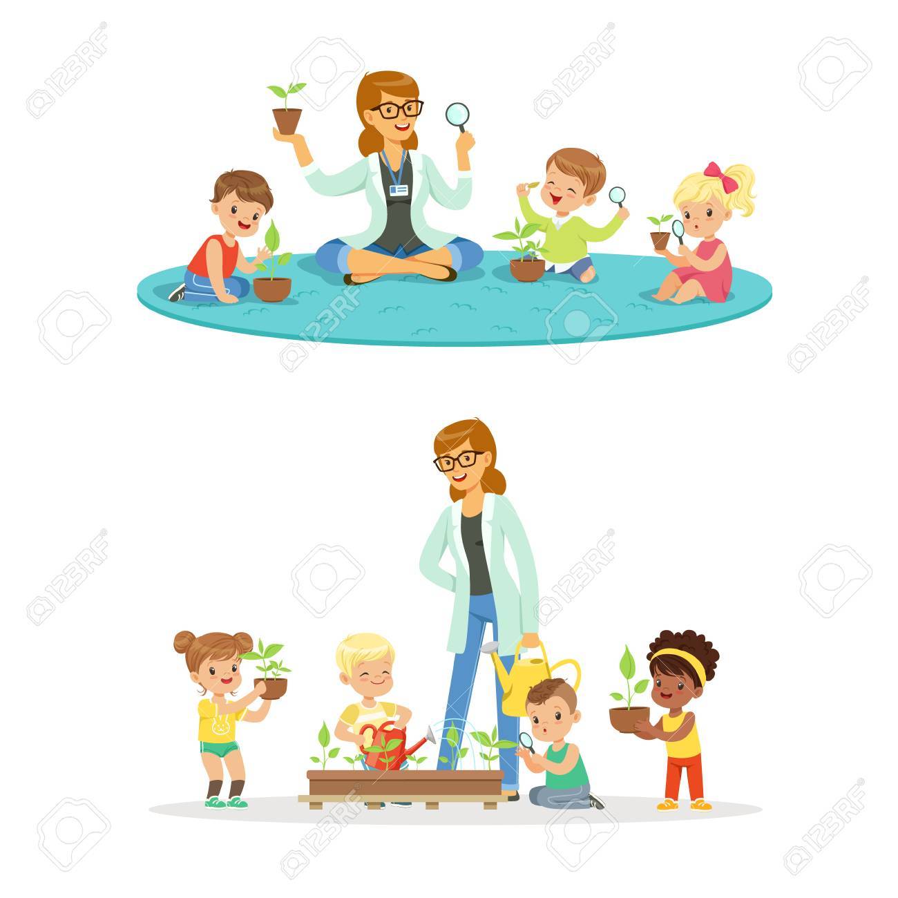 Teacher With Kids Learning About Plants During Biology Lesson. Cartoon  Detailed Colorful Illustrations Isolated On White Background Royalty Free  SVG, Cliparts, Vectors, and Stock Illustration. Image 75444886., image size:1300x1300