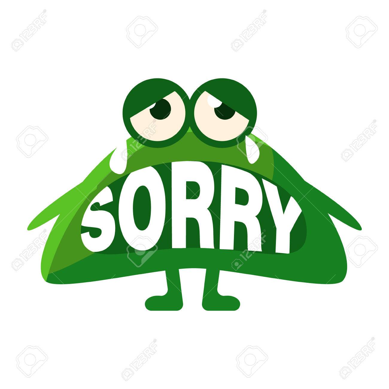green blob saying sorry cute emoji character with word in the