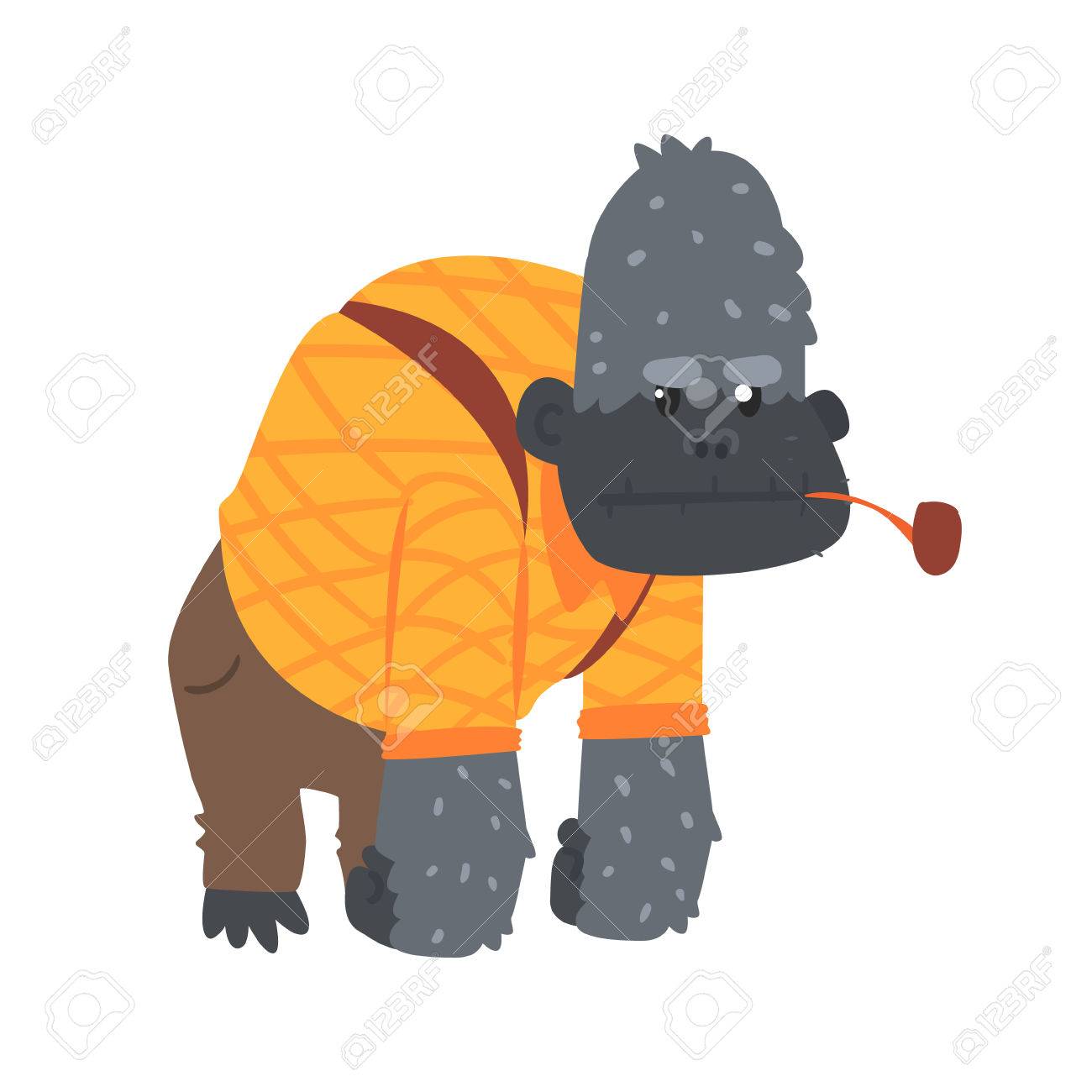 オレンジ色のシャツと茶色のパンツと禁煙パイプと口の中でかわいい漫画ゴリラ アフリカの動物のカラフルな文字ベクトル図のイラスト素材 ベクタ Image 7610