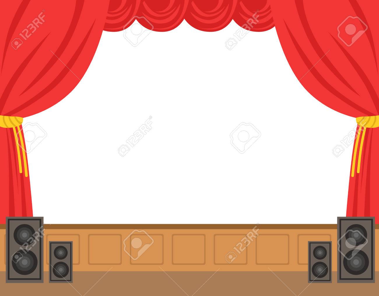 theater stage with opened red curtain colorful cartoon character