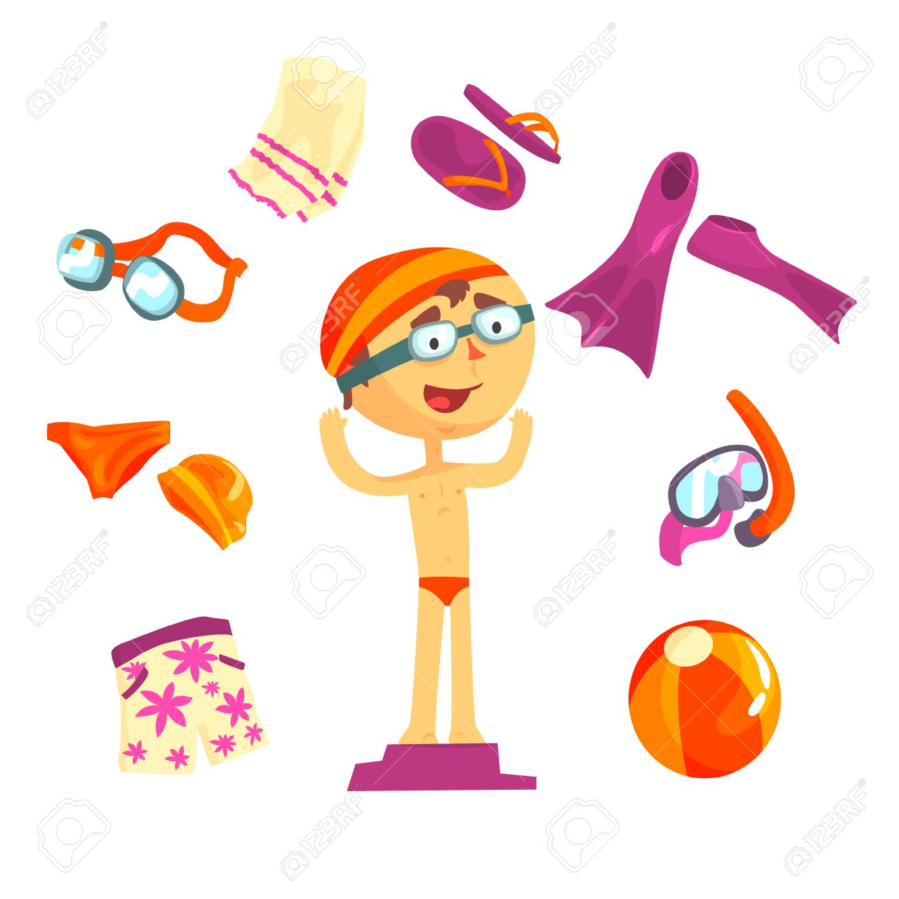 Banque d\u0027images , Set de nageurs et accessoires de plage pour la conception d\u0027étiquettes. Equipement sportif pour la natation, la plongée. Dessin animé