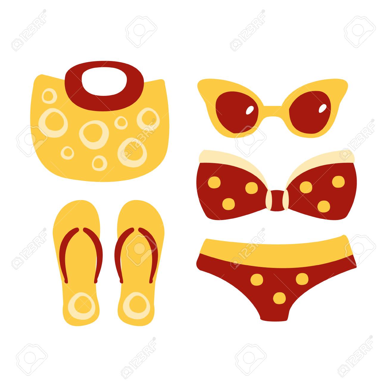 Maillot De Bain Lunettes Sac Sandale Accessoires De Plage Pour Femmes Illustration De Dessin Animé Coloré