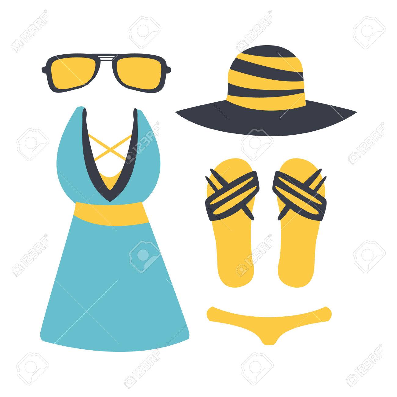 Banque d\u0027images , Maillot de bain avec accessoires de plage. Plage et vacances tropicales. Illustration de dessin animé coloré