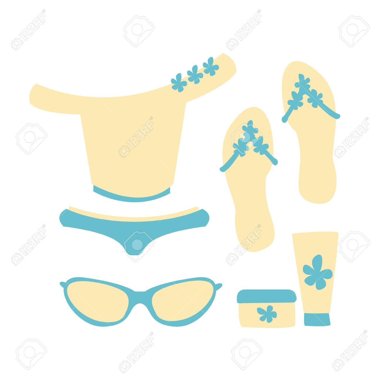 Banque d\u0027images , Maillot de bain avec accessoires de plage dans les couleurs blanc et bleu. Vacances à la plage et protection solaire.