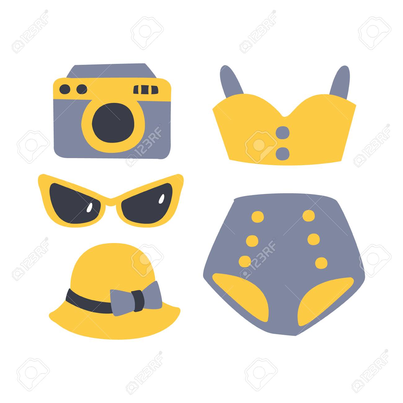 Banque d\u0027images , Maillot de bain avec accessoires de plage. Plage et vacances tropicales. Illustration de dessin animé coloré