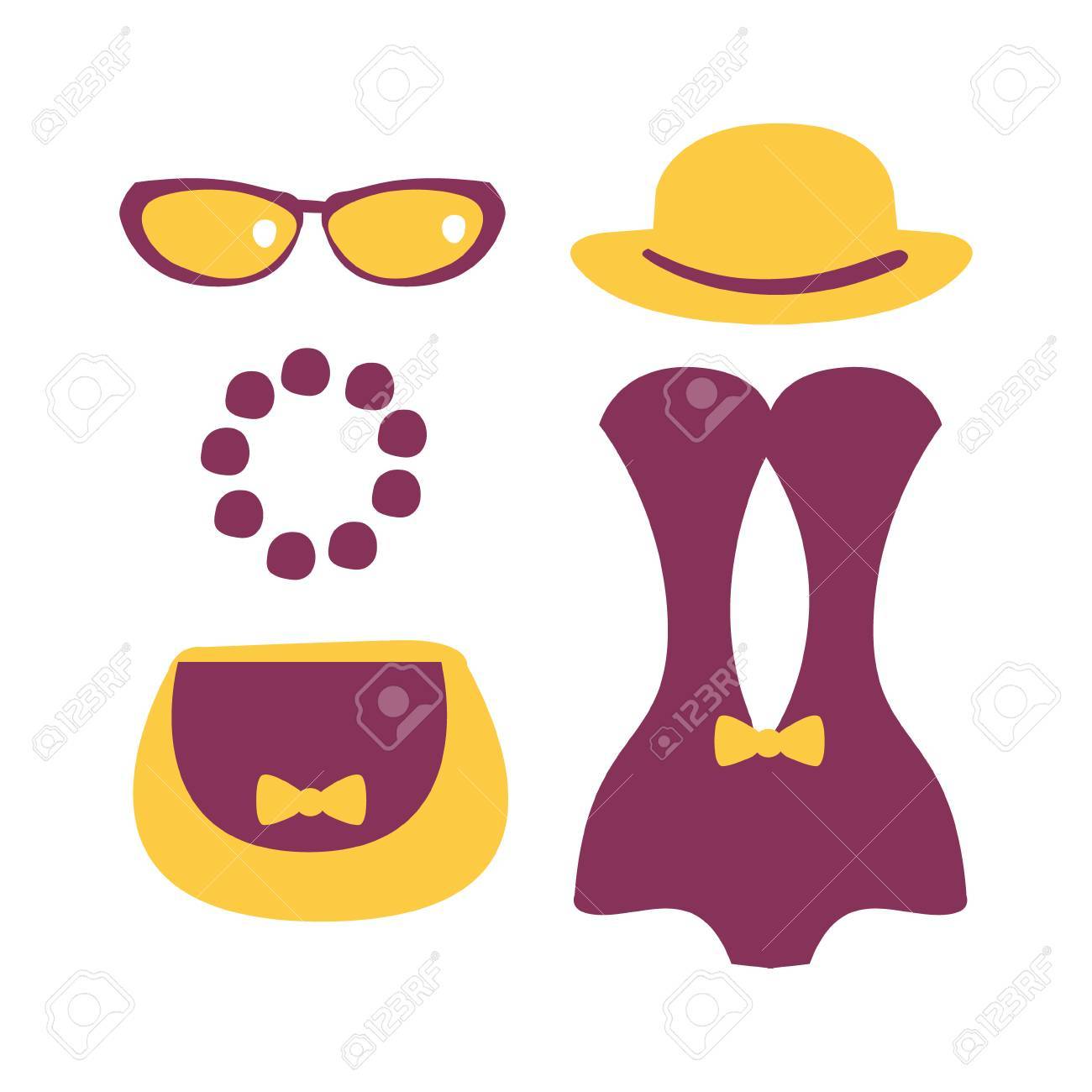 Banque d\u0027images , Maillot de bain violet avec accessoires de plage. Illustration de dessin animé coloré