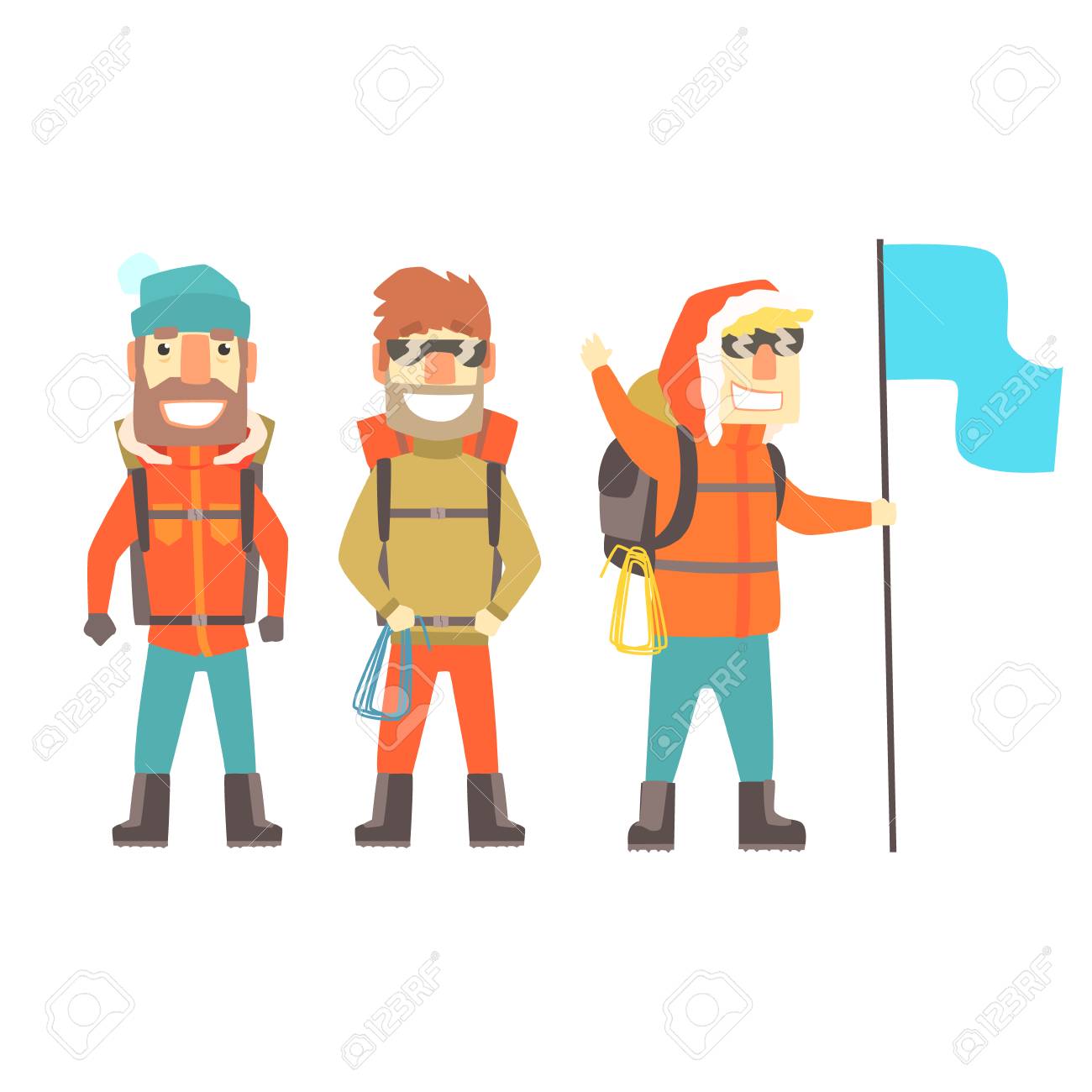 Three mountain climbers with mountain climbing equipment, colorful characters vector Illustration isolated on a white background - 79584996 Three mountain climbers with mountain climbing equipment, colorful characters vector Illustration isolated on a white background - 79584996
