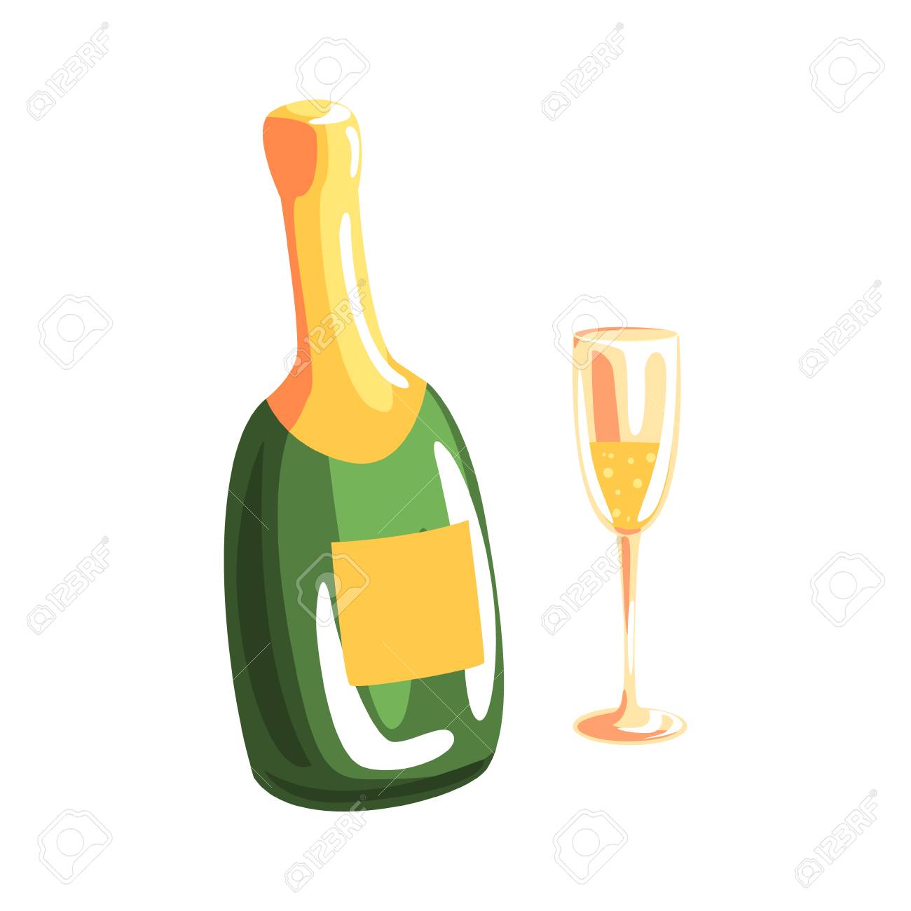 Bouteille De Champagne Et Plein Champagne Verre Dessin Anime Illustration Isole Sur Fond Blanc Clip Art Libres De Droits Vecteurs Et Illustration Image