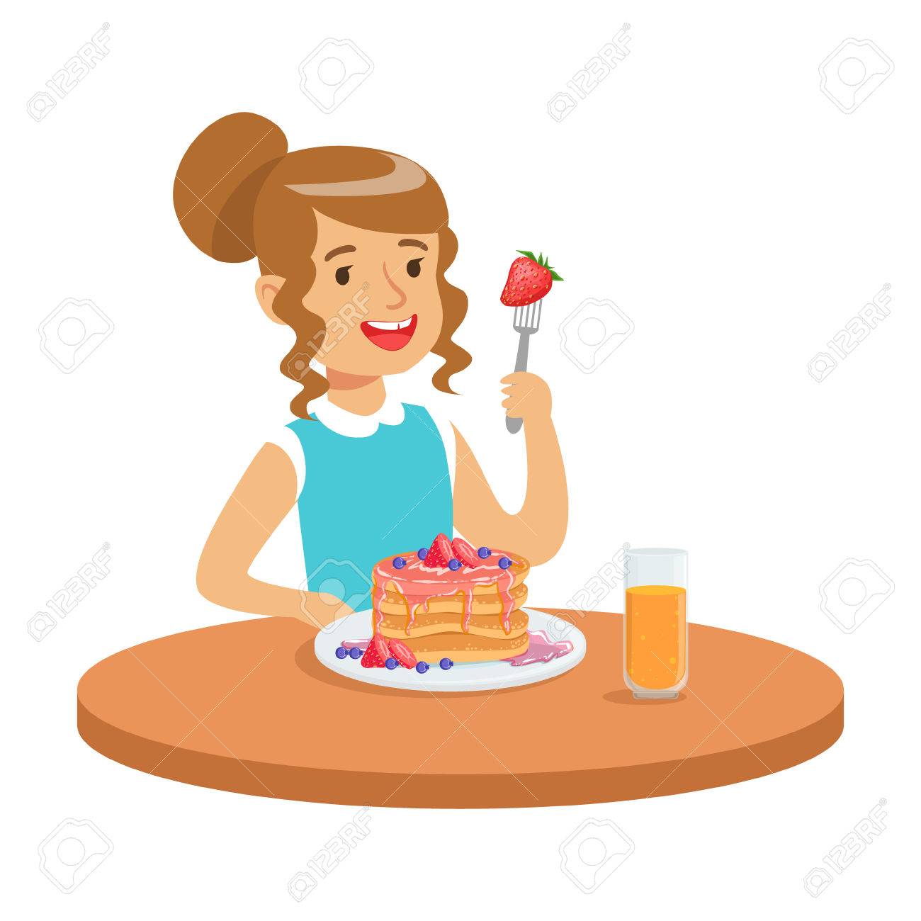 テーブルに座っているとカラフルな文字ベクトル イラスト ケーキを食べて幸せな女の子 のイラスト素材 ベクタ Image