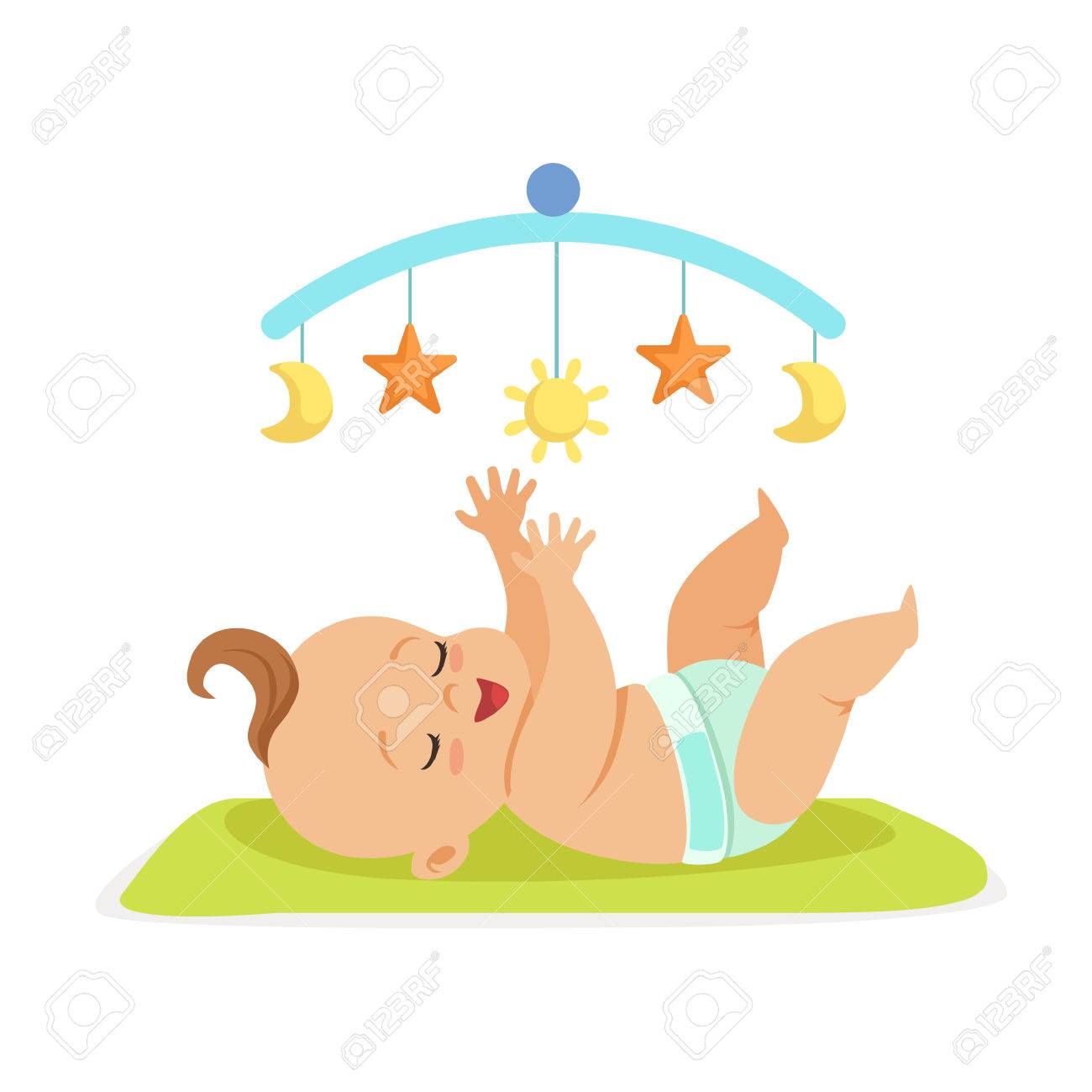 Mignon Heureux Nu Bebe Dans Une Couche Couche Dans Le Lit Et S Amuser Avec Jouet Carrousel Vecteur De Personnage De Dessin Anime Colore Illustration Clip Art Libres De Droits Vecteurs Et