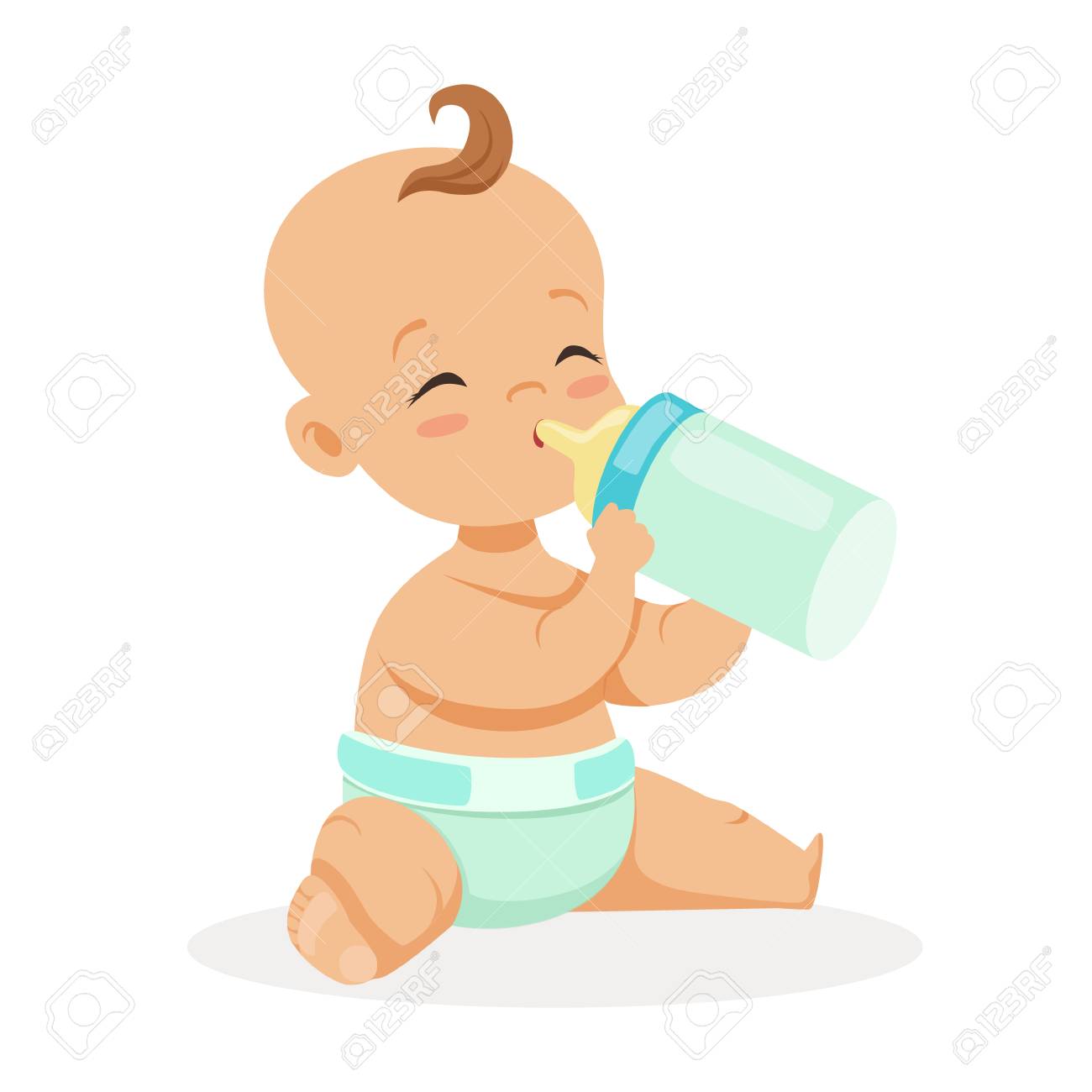 Sweet Little Baby Sitting And Drinking Milk In A Plastic Bottle Colorful Cartoon Character Vector Illustration Royalty Free Cliparts Vectors And Stock Illustration Image