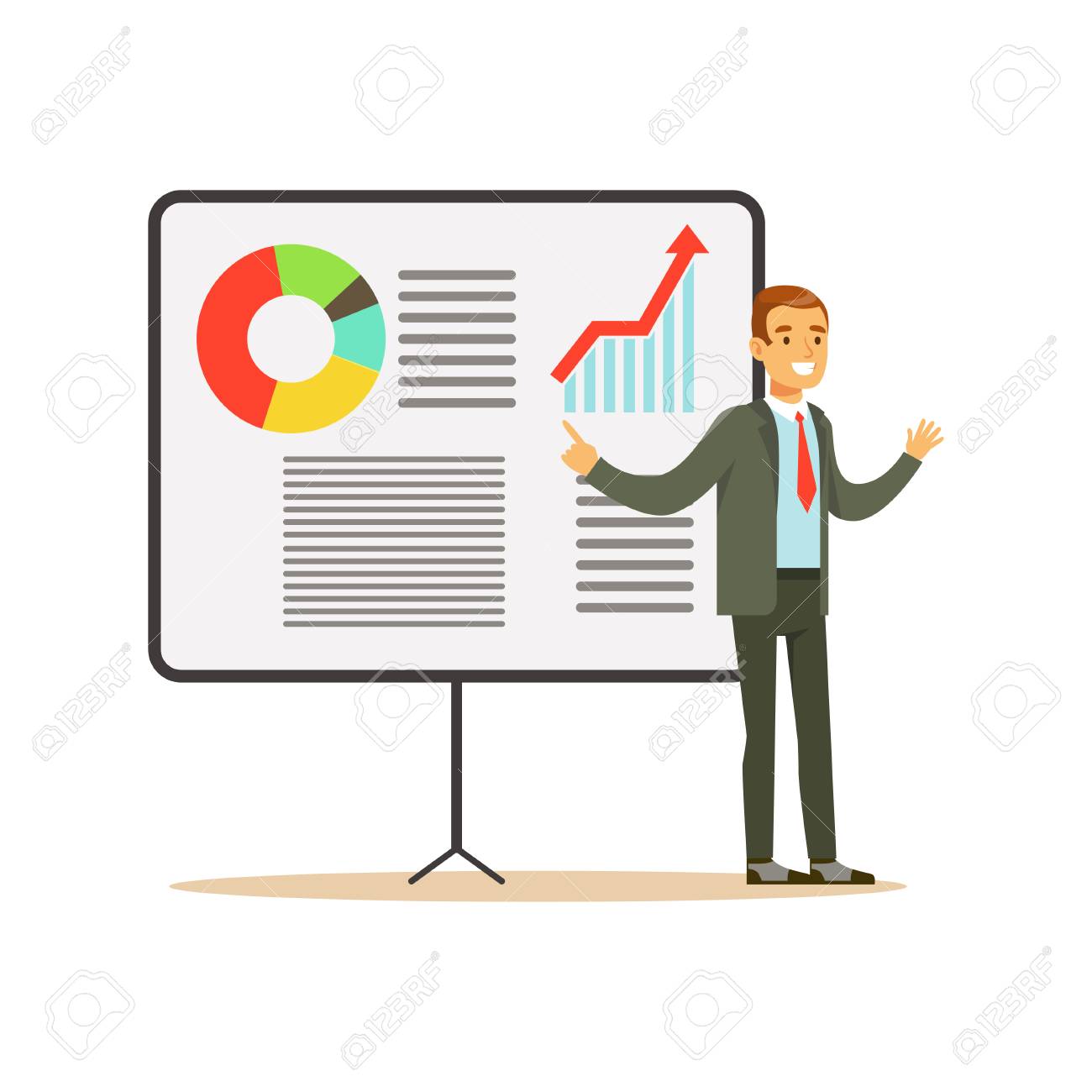 プレゼンテーションでグラフの増加とボードを指してビジネスマンの笑みを浮かべて ベクトル イラスト のイラスト素材 ベクタ Image