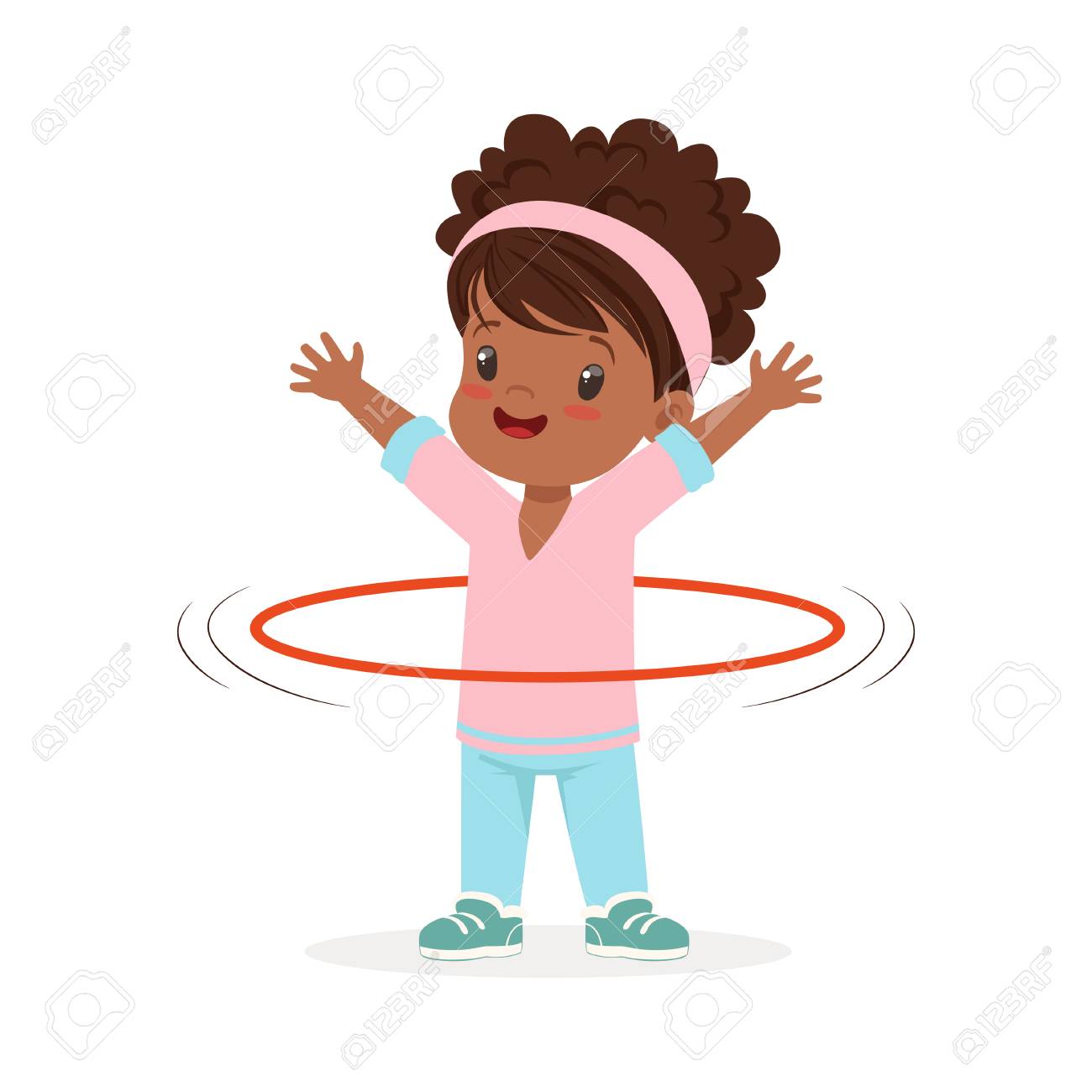 girl spining a hula hoop around the waist kid doing sports colorful