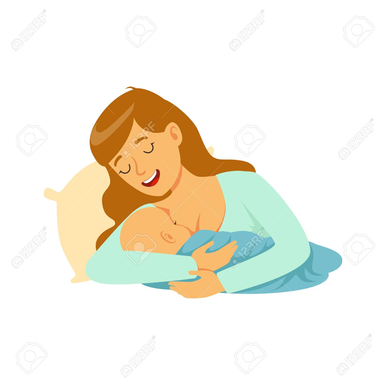 Young happy mother lying in the bed and breastfeeding her baby with milk, colorful vector Illustration - 83237398 Young happy mother lying in the bed and breastfeeding her baby with milk, colorful vector Illustration - 83237398