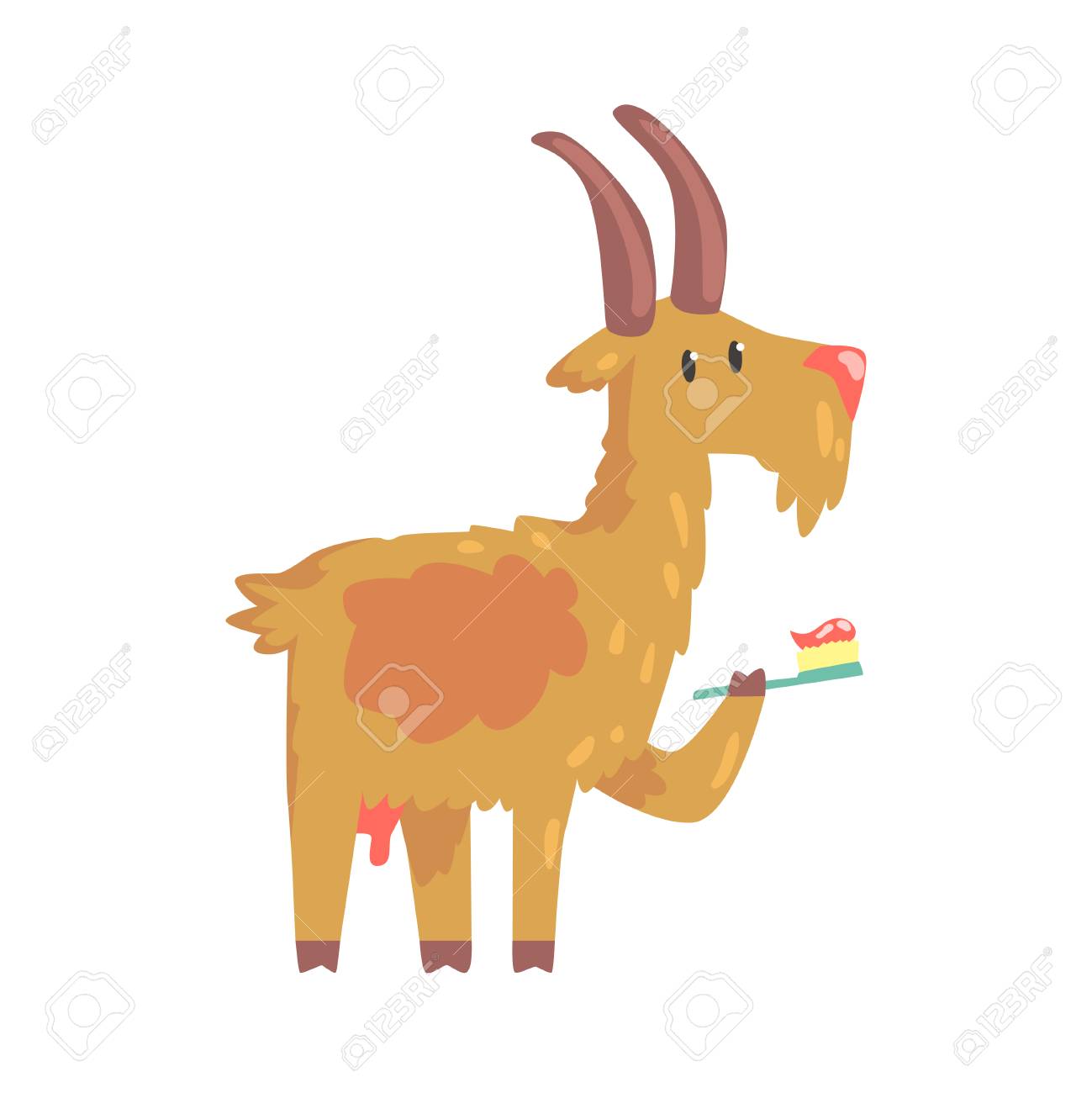 かわいい漫画ヤギが歯で歯を磨くブラシし ベクトル図をグルーミング動物のカラフルな文字を貼り付ける のイラスト素材 ベクタ Image