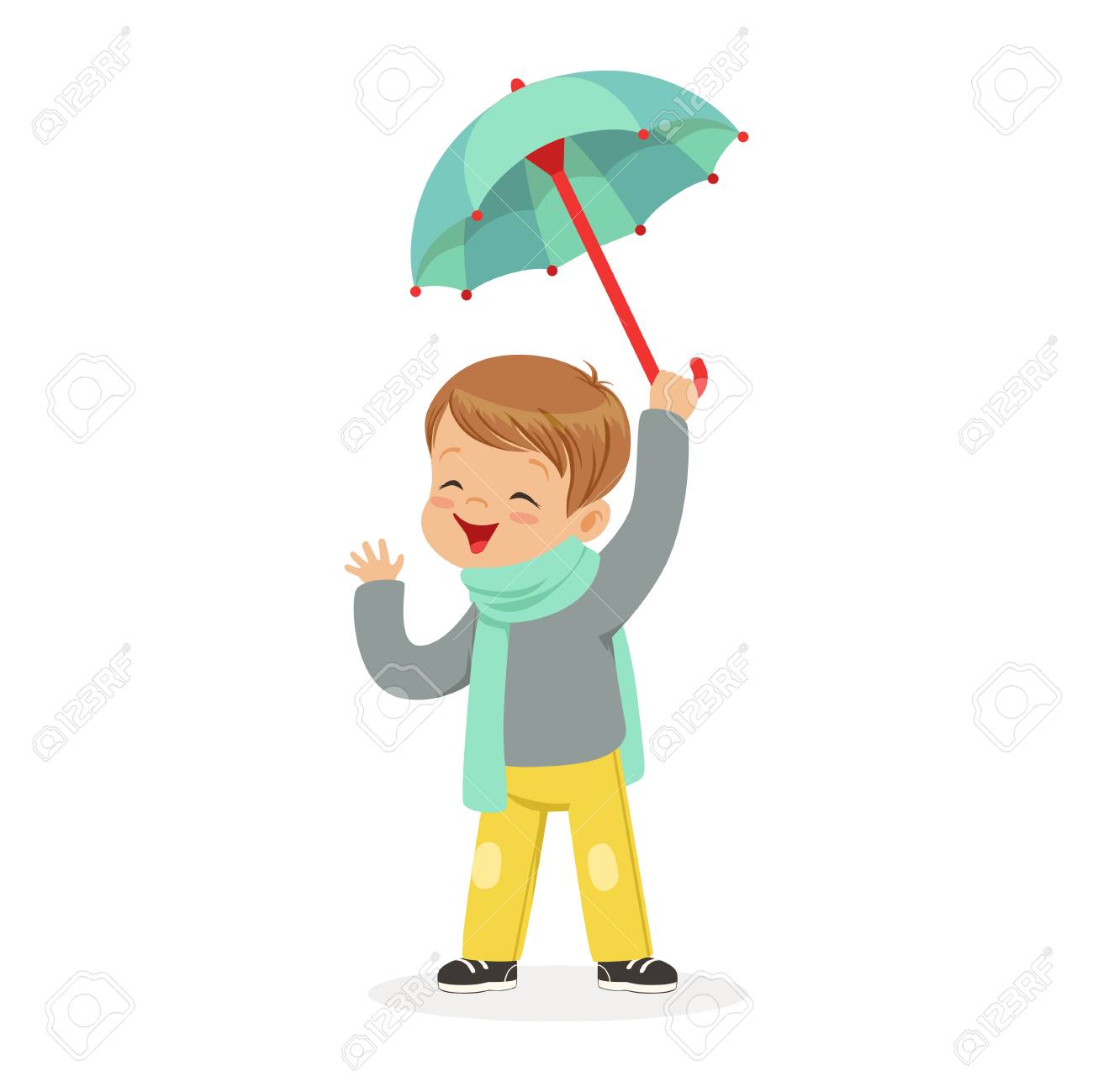 Cute Little Boy Holding Umbrella Playing In The Rain Cartoon
