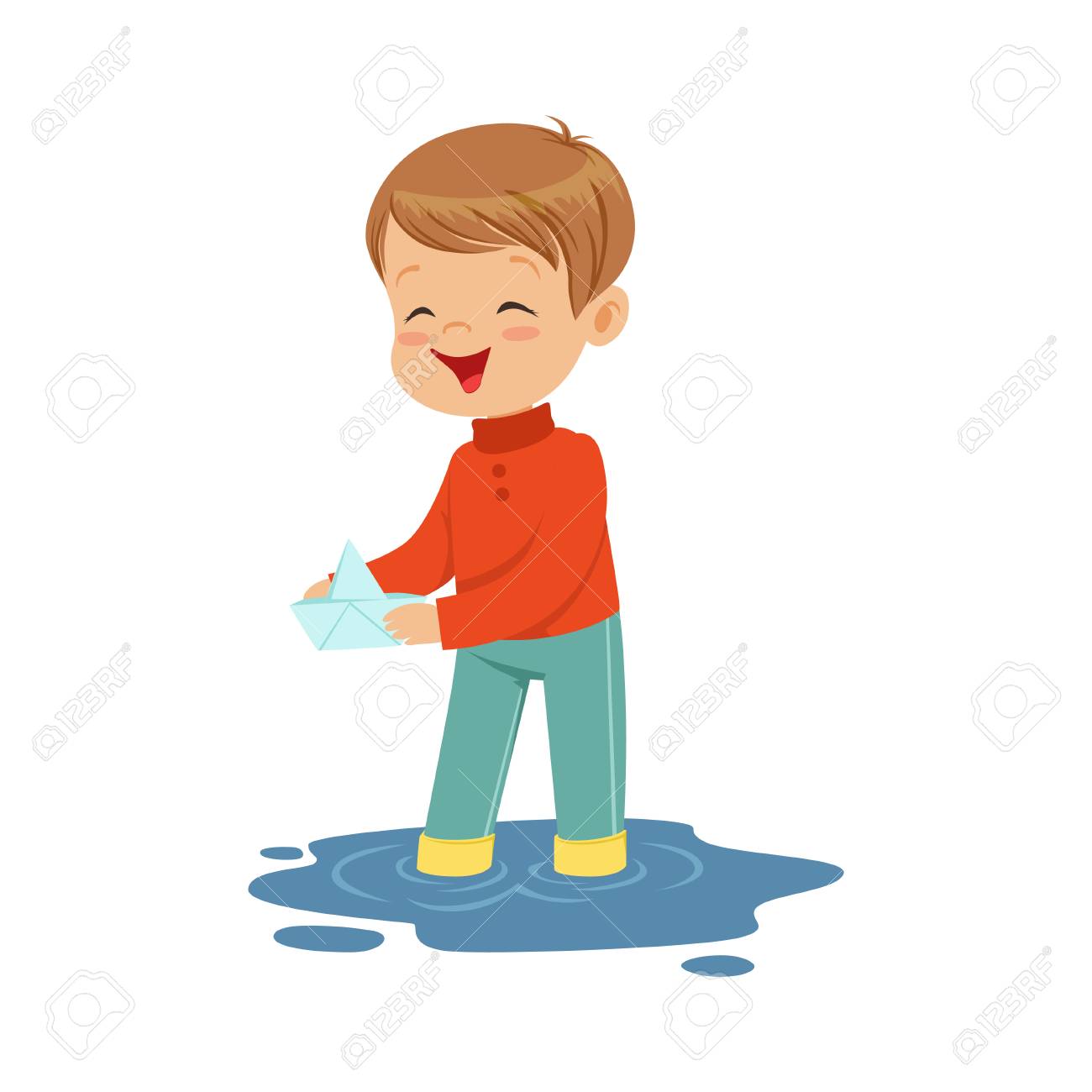 白い背景の上の水の水たまり漫画ベクトル図での紙の船で遊ぶかわいい男の子 のイラスト素材 ベクタ Image 白い背景の上の水の水たまり漫画ベクトル図での紙の船で遊ぶかわいい男の子 のイラスト素材 ベクタ Image
