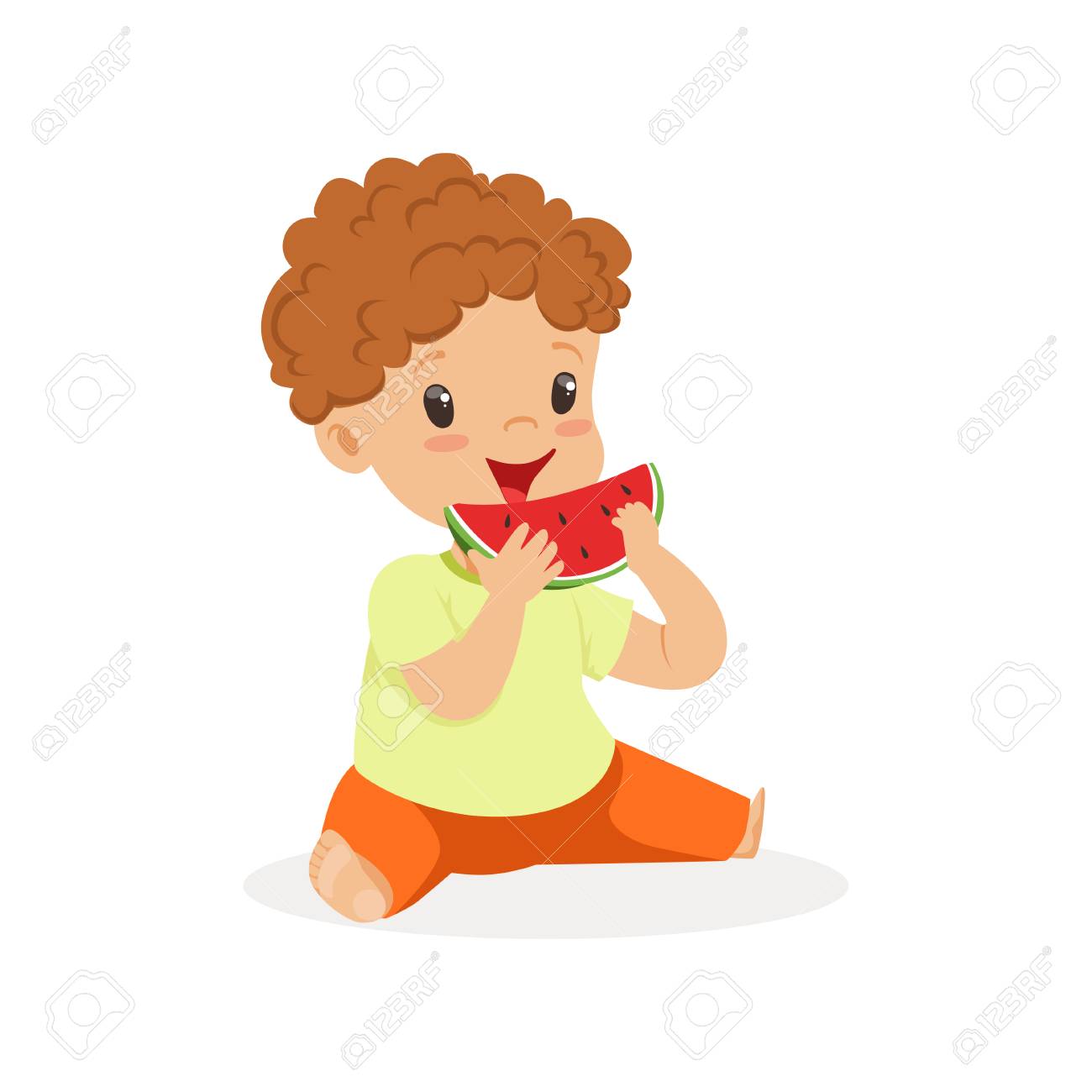 Mignon Petit Personnage De Garcon Rousse Appreciant Manger Vecteur De Dessin Anime De Pasteque Illustration Clip Art Libres De Droits Vecteurs Et Illustration Image