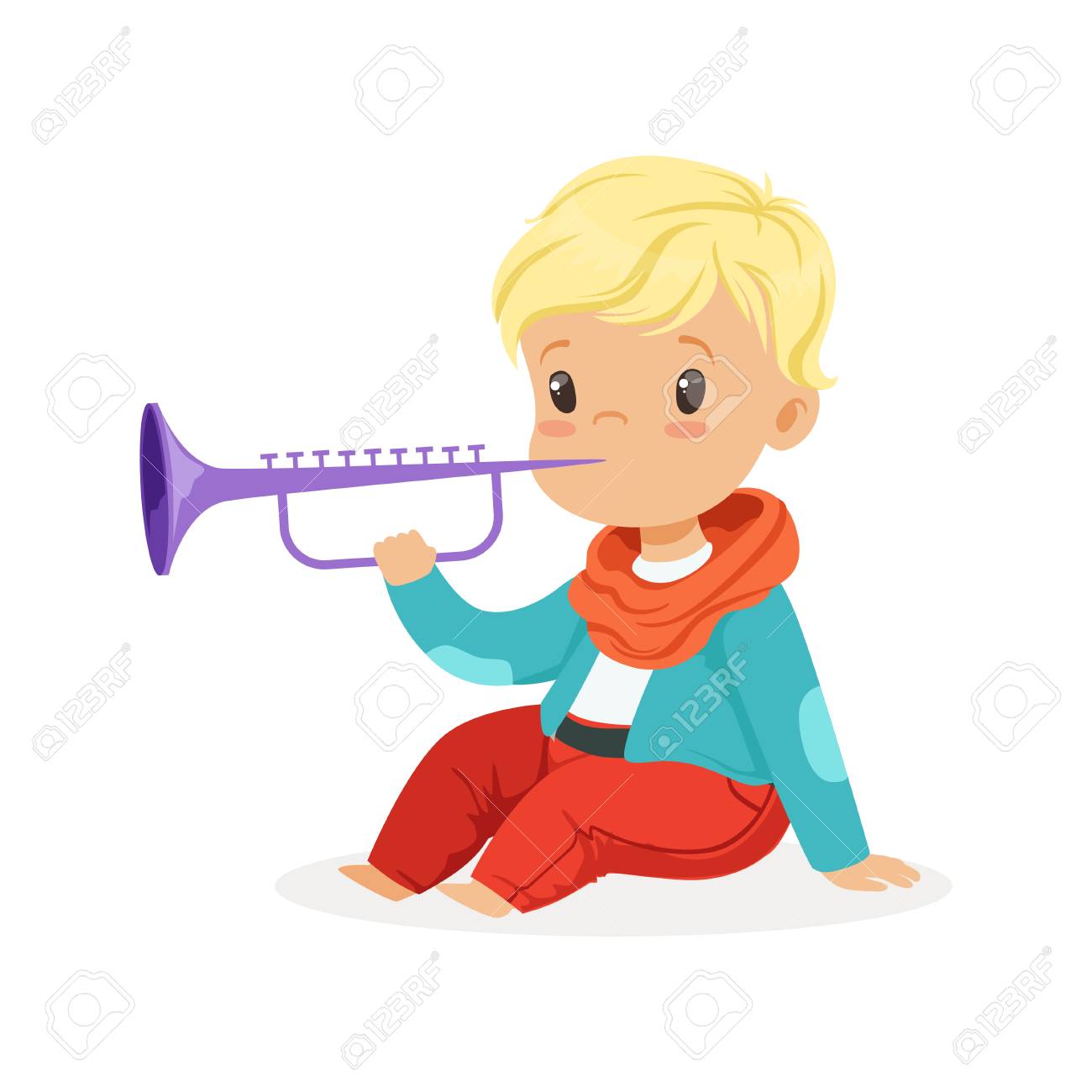 かわいいブロンドの男の子がクラリネットを演奏 おもちゃの楽器と若いミュージシャン 子供のための音楽教育漫画ベクトルイラスト のイラスト素材 ベクタ Image