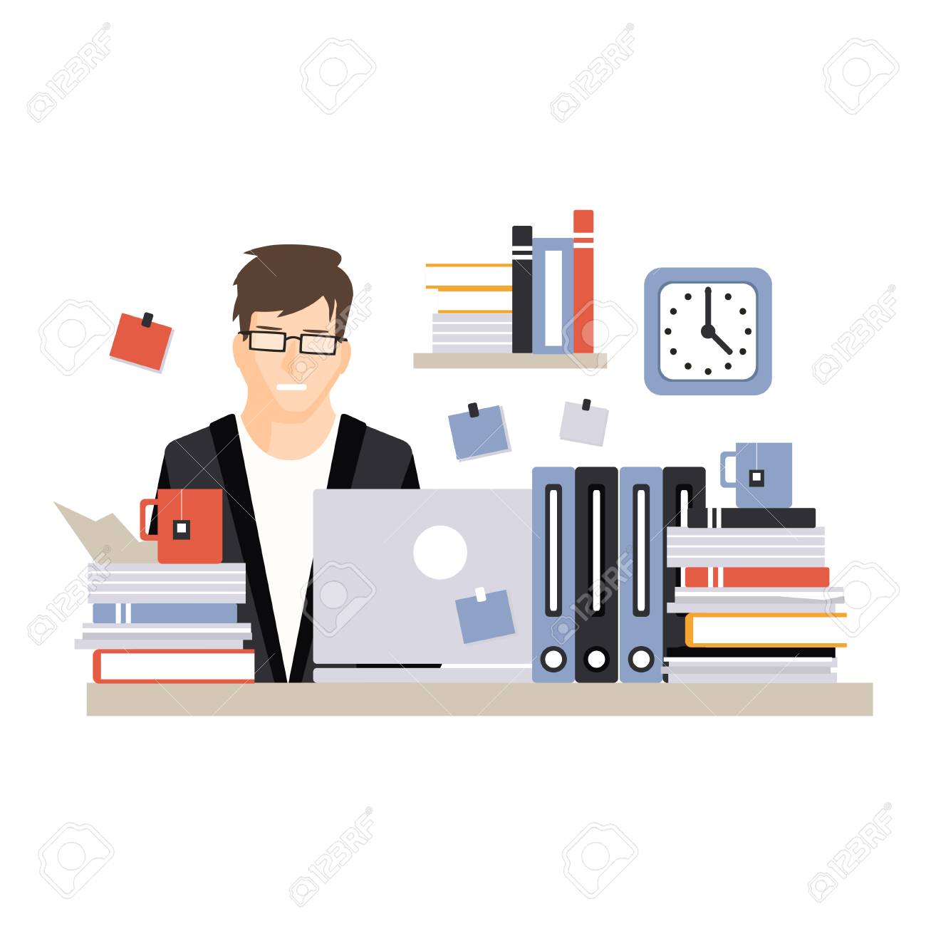 ノートパソコンでコンピュータデスクに座っている若い忙しいビジネスマンのキャラクターと一生懸命働いて オフィス従業員ベクトルイラストの日常生活のイラスト素材 ベクタ Image