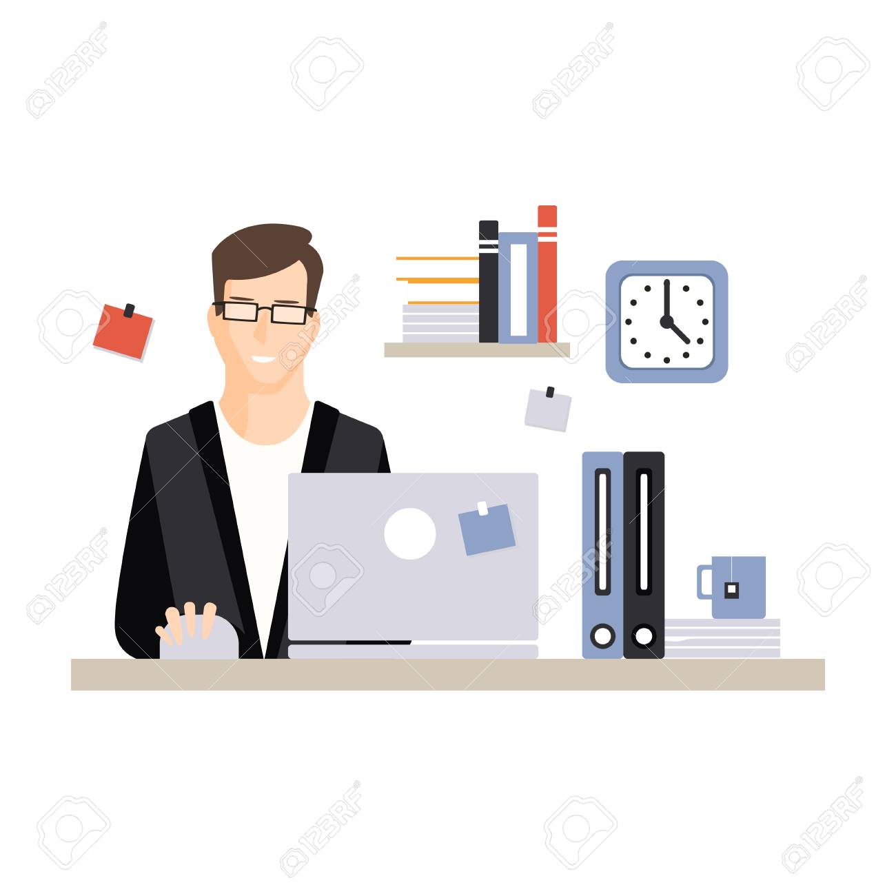 ノートパソコンと仕事でコンピュータデスクに座る若いビジネスマンキャラクター オフィス社員ベクトルイラストのイラスト素材 ベクタ Image ノートパソコンと仕事でコンピュータデスクに座る若いビジネスマンキャラクター オフィス社員ベクトルイラストのイラスト素材 ベクタ Image
