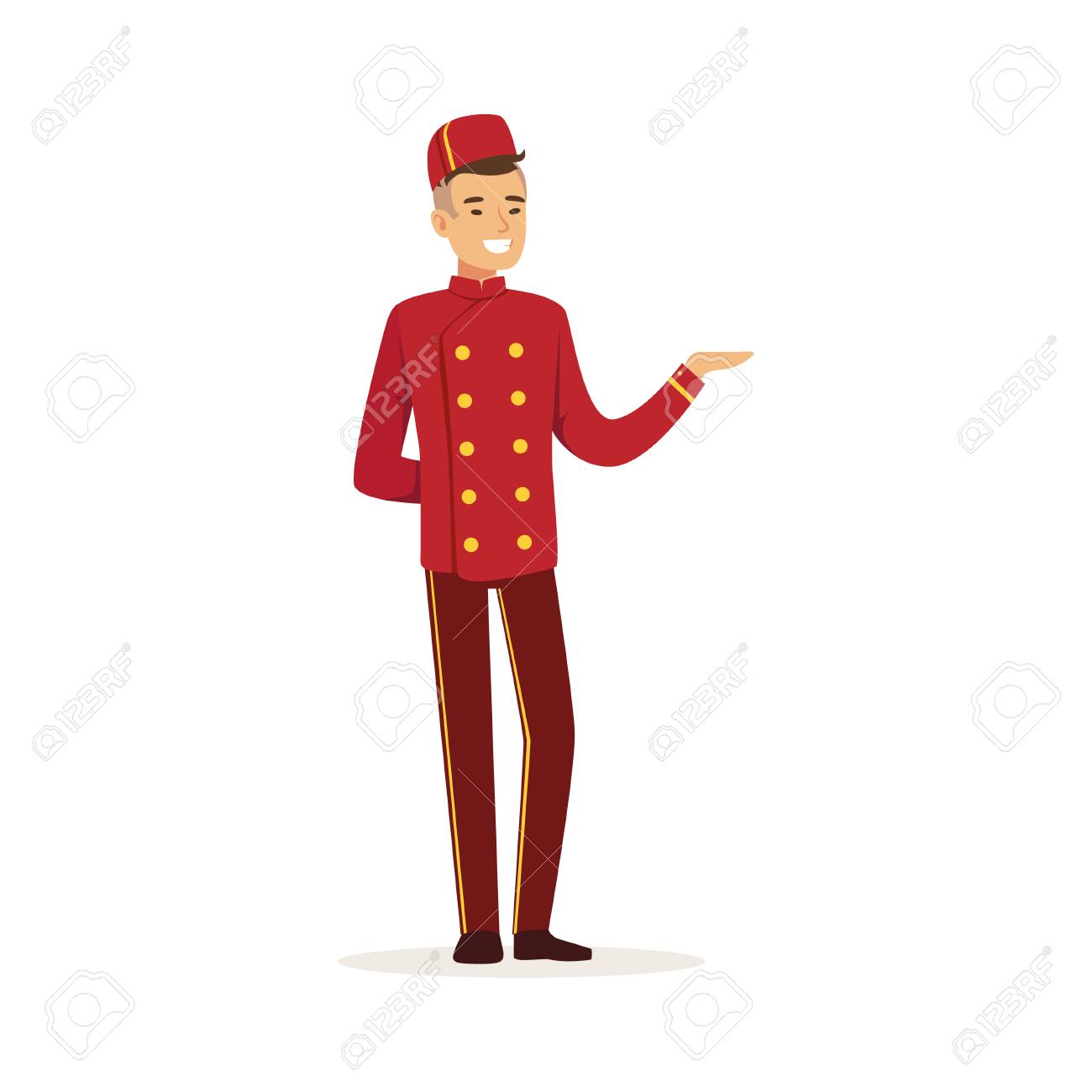 Smiling Doorman Character Wearing Red Double Breasted Uniform Royalty Free Cliparts Vectors And Stock Illustration Image 85857664