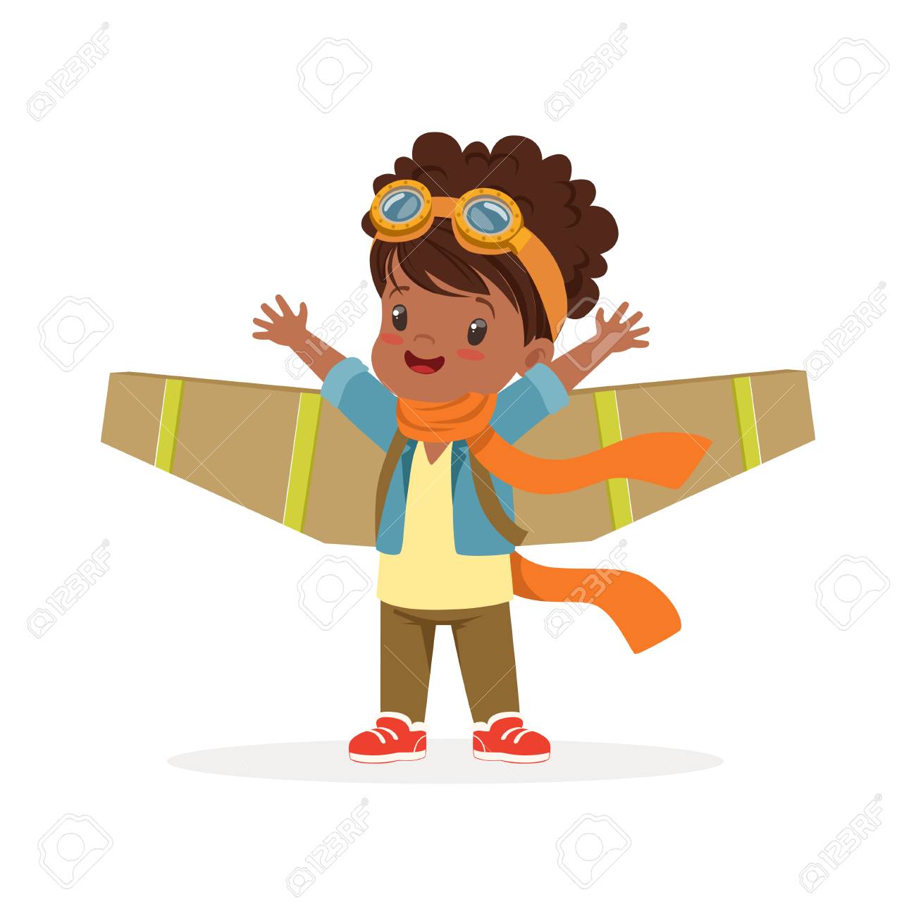 Mignonne Petite Fille Africaine En Costume De Pilote Jouant Avec Des Ailes Enfant Revant De Piloter Le Vecteur D Avion Illustration Sur Fond Blanc Clip Art Libres De Droits Vecteurs Et Illustration