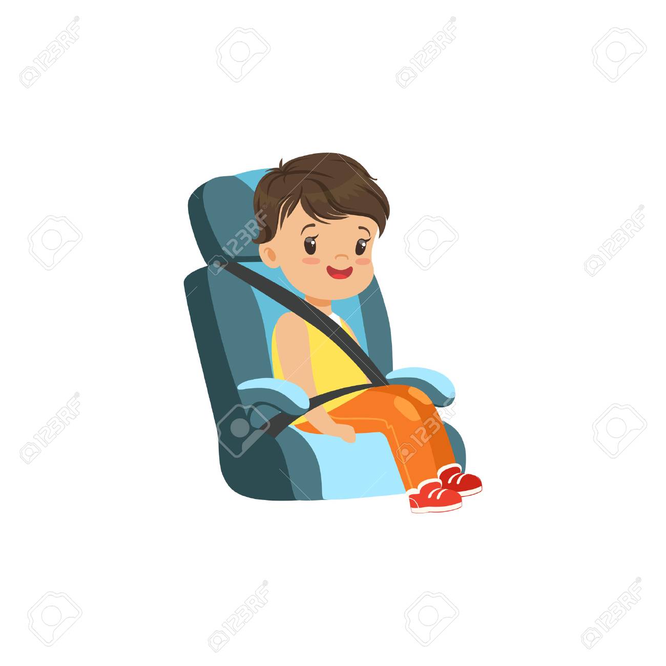 青い車の座席 小さな子供のベクトル図の安全自動車輸送に座っているかわいい男の子 のイラスト素材 ベクタ Image