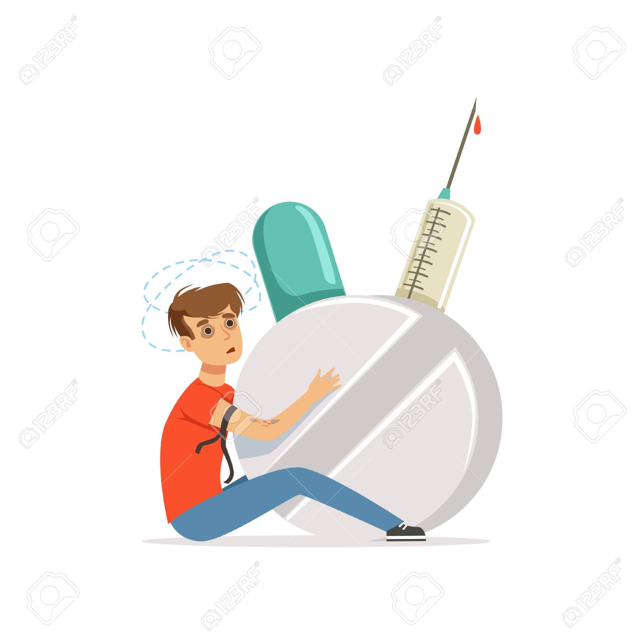 Drug Addicted Man With Giant Syringe And Pill Vector Illustration Royalty Free SVG, Cliparts, Vectors, And Stock Illustration. Image 88339255.