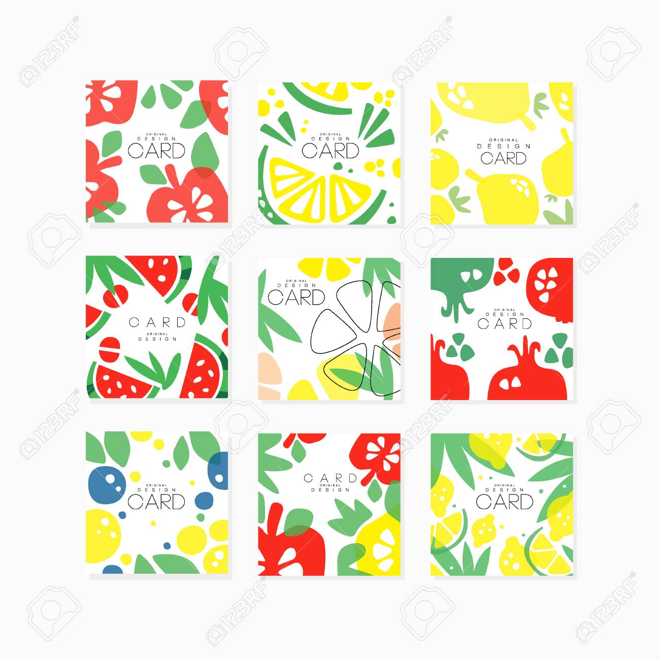 フルーツカードコレクションオリジナルデザイン リンゴ 梨 シトラス ライム レモン ベリー ザクロ スイカベクトルイラストとポスター のイラスト素材 ベクタ Image