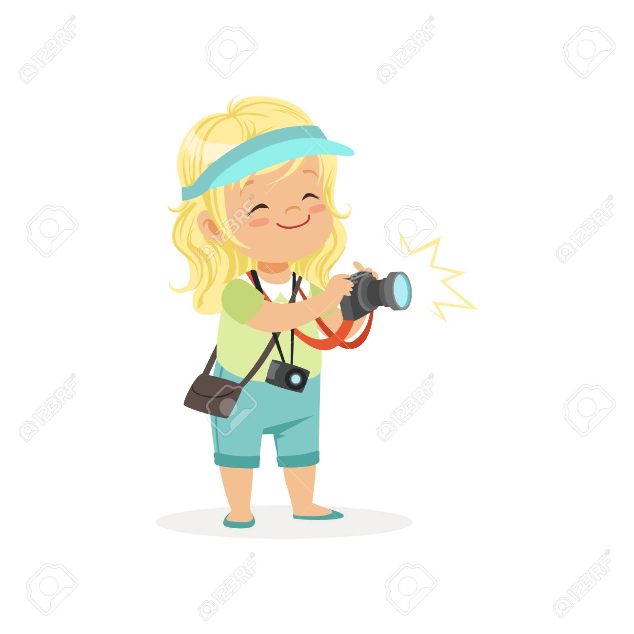 Cartoon flat preschool girl standing with digital photo camera in hands. Photographer or reporter profession concept - 90329229 Cartoon flat preschool girl standing with digital photo camera in hands. Photographer or reporter profession concept - 90329229