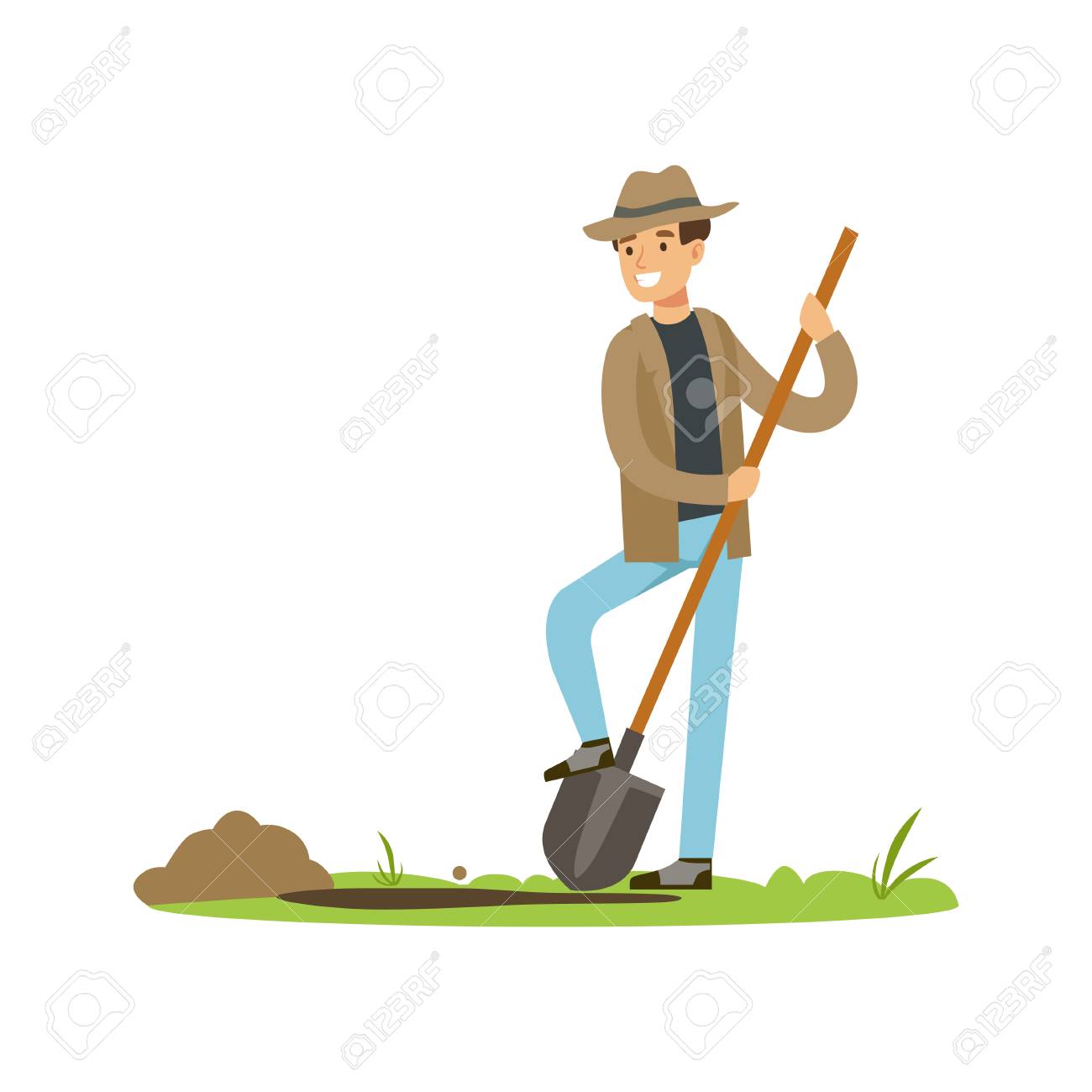 Treasure seeker with shovel in search for buried treasure - 90371788 Treasure seeker with shovel in search for buried treasure - 90371788