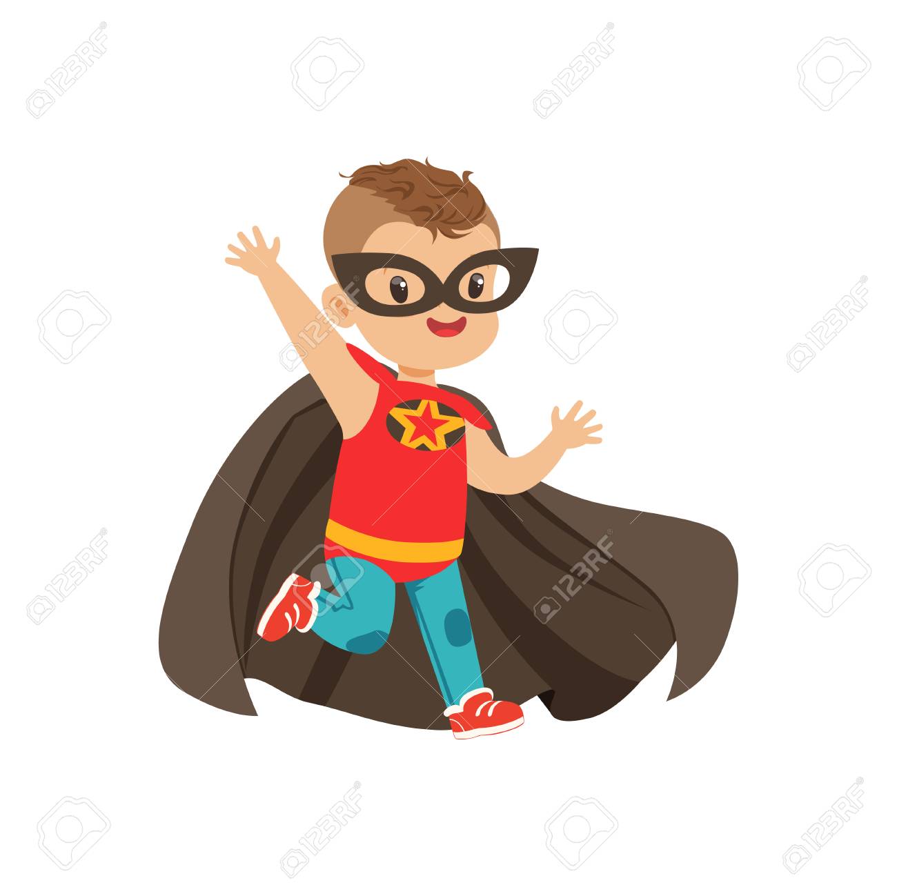 comic brave kid with trendy haircut in colorful superhero costume
