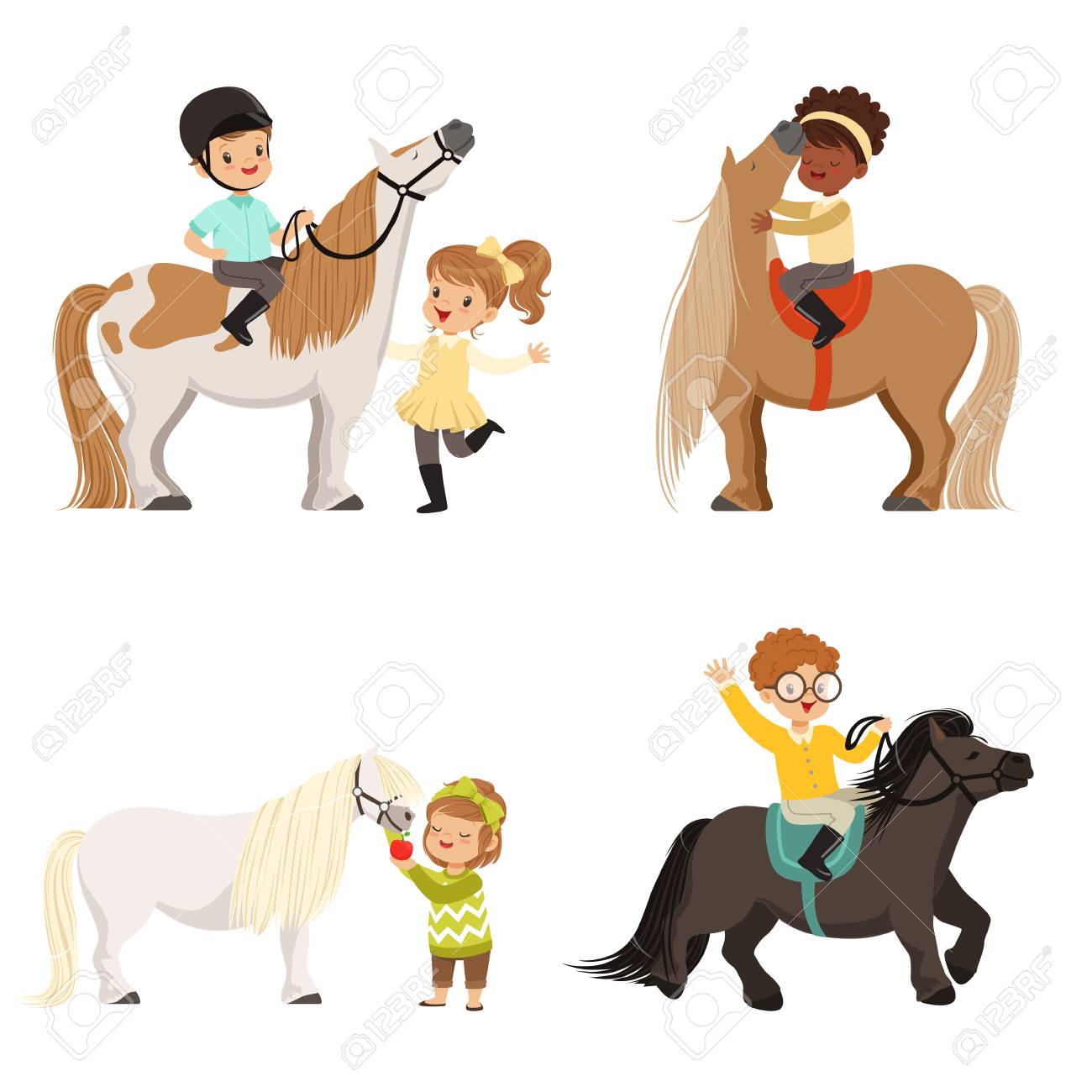 Cute little children riding ponies and taking care of their horses set, equestrian sport, vector Illustrations - 90579209 Cute little children riding ponies and taking care of their horses set, equestrian sport, vector Illustrations - 90579209